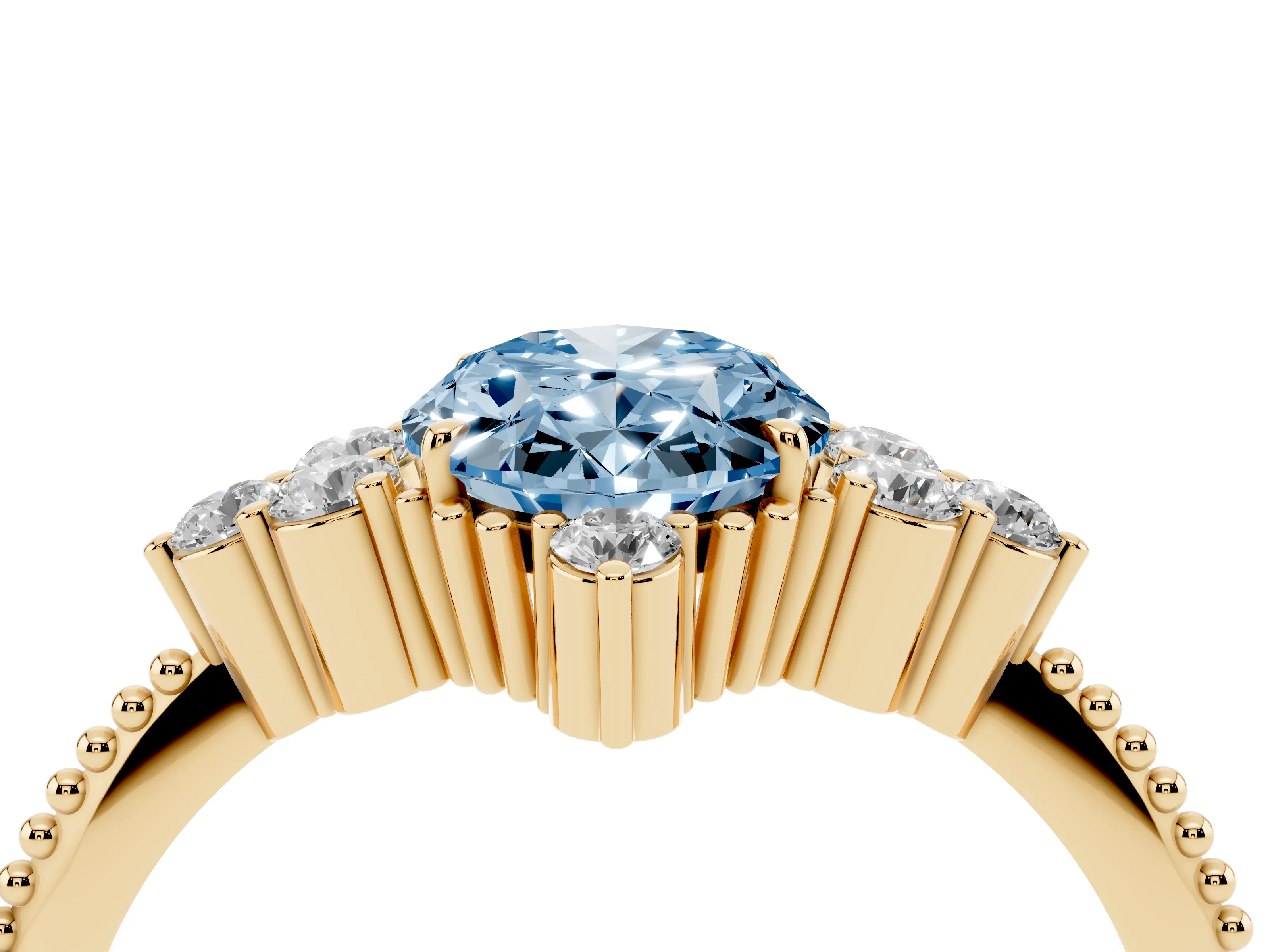 Fancy Blue Oval Cut Diamond Cluster Ring Set in Yellow gold with Beaded Band