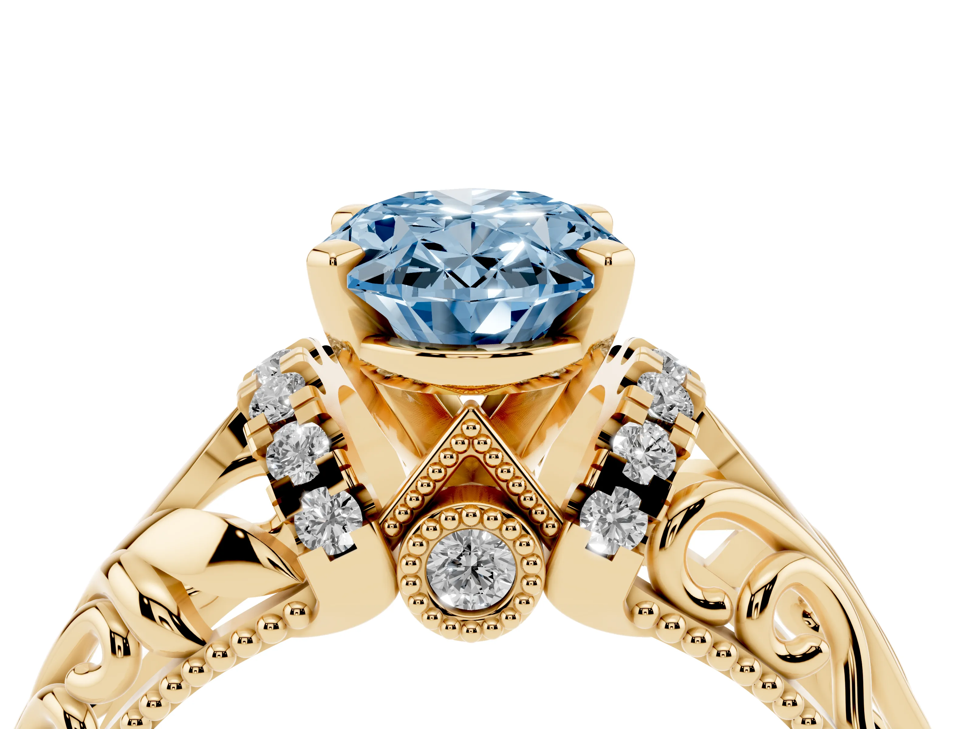Fancy Blue Oval Cut Diamond Filigree Halo Engagement Ring Set in Yellow gold with Prong Setting