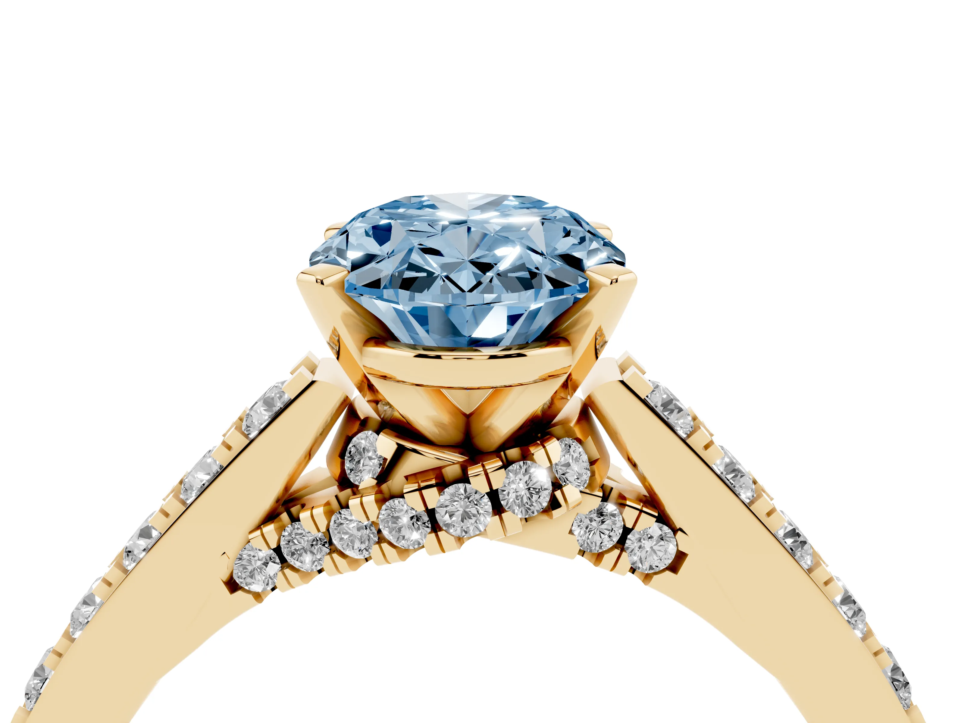 Fancy Blue Oval Cut Diamond Solitaire Ring Set in Yellow gold with Crossover Gallery and Round Pavé Band
