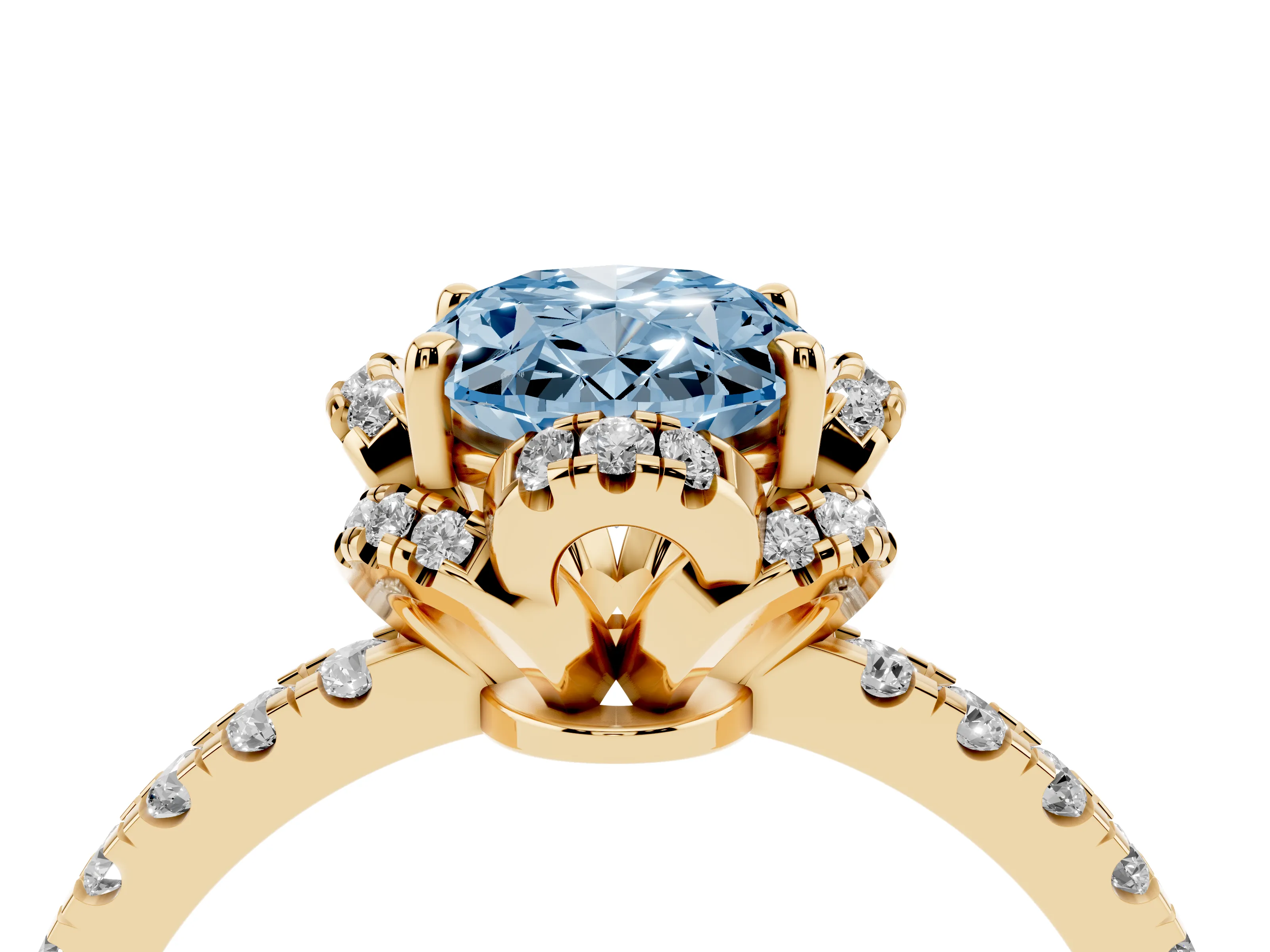 Fancy Blue Oval Cut Diamond Halo Pavé Band Ring Set in Yellow gold with Prong-Held Center