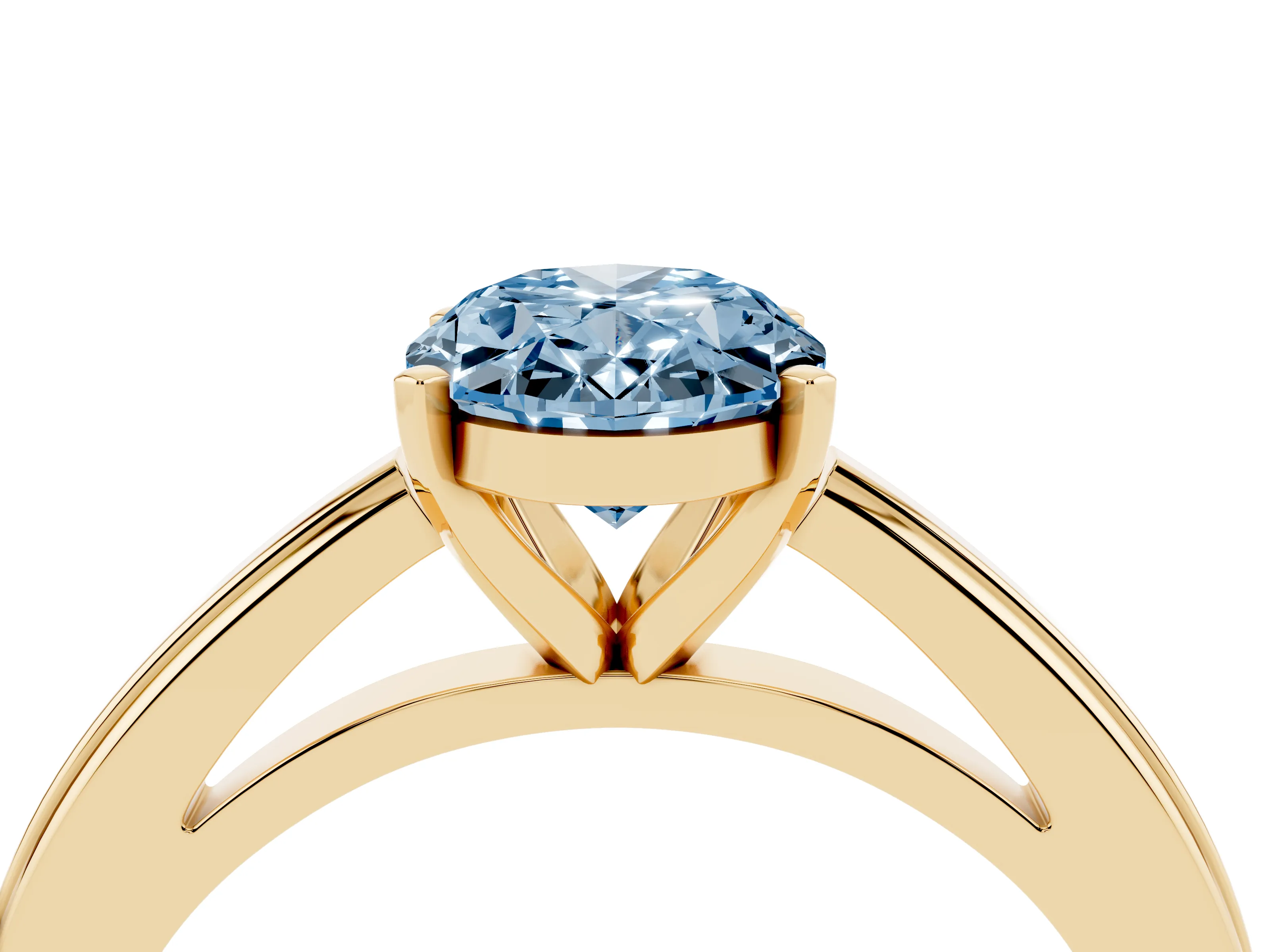 Fancy Blue Oval Cut Diamond Solitaire Ring Set in Yellow gold with Prong Setting and Classic Band