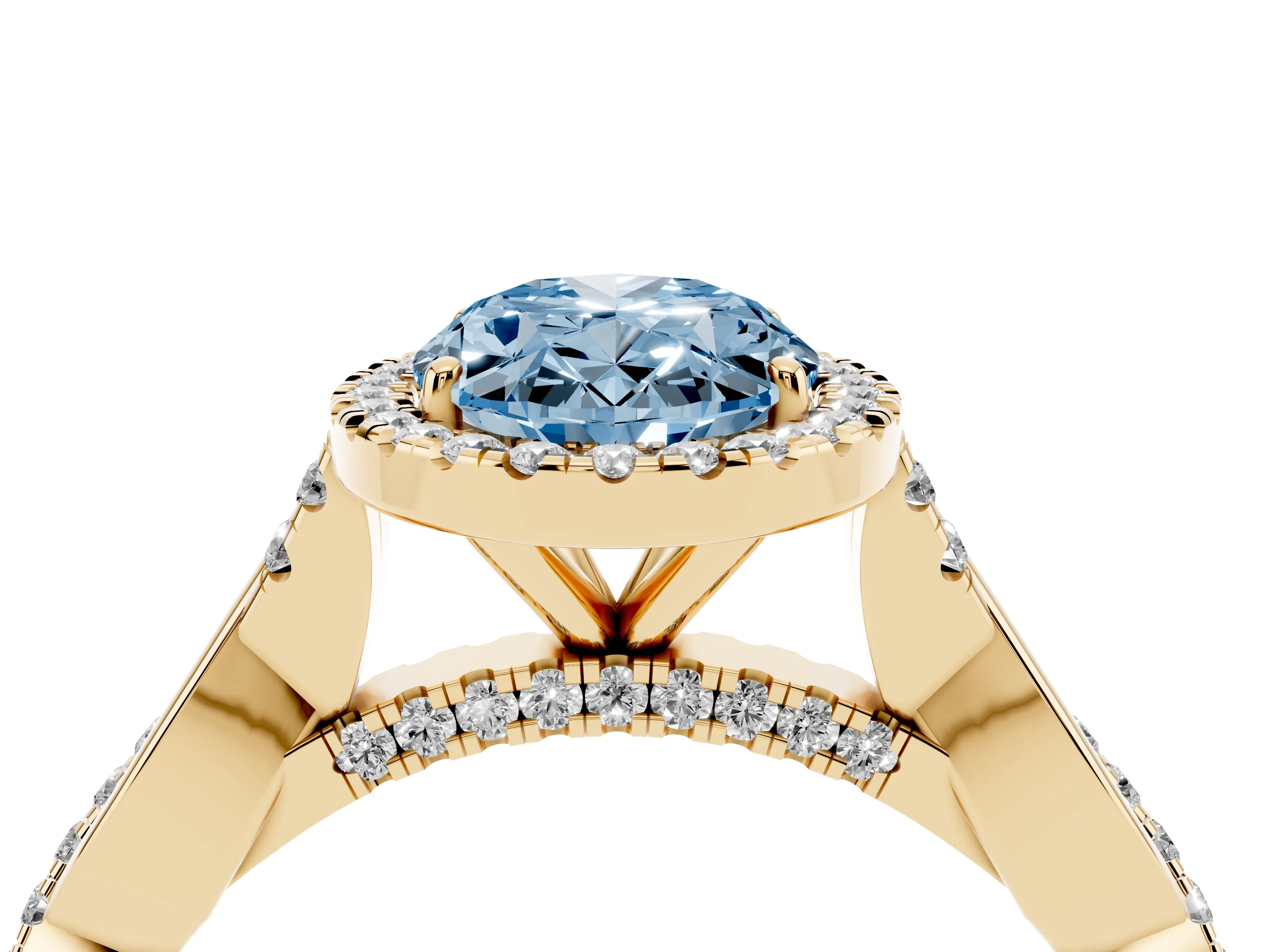Fancy Blue Oval Cut Diamond Halo Twist Band Solitaire Ring Set in Yellow gold with Prong Setting
