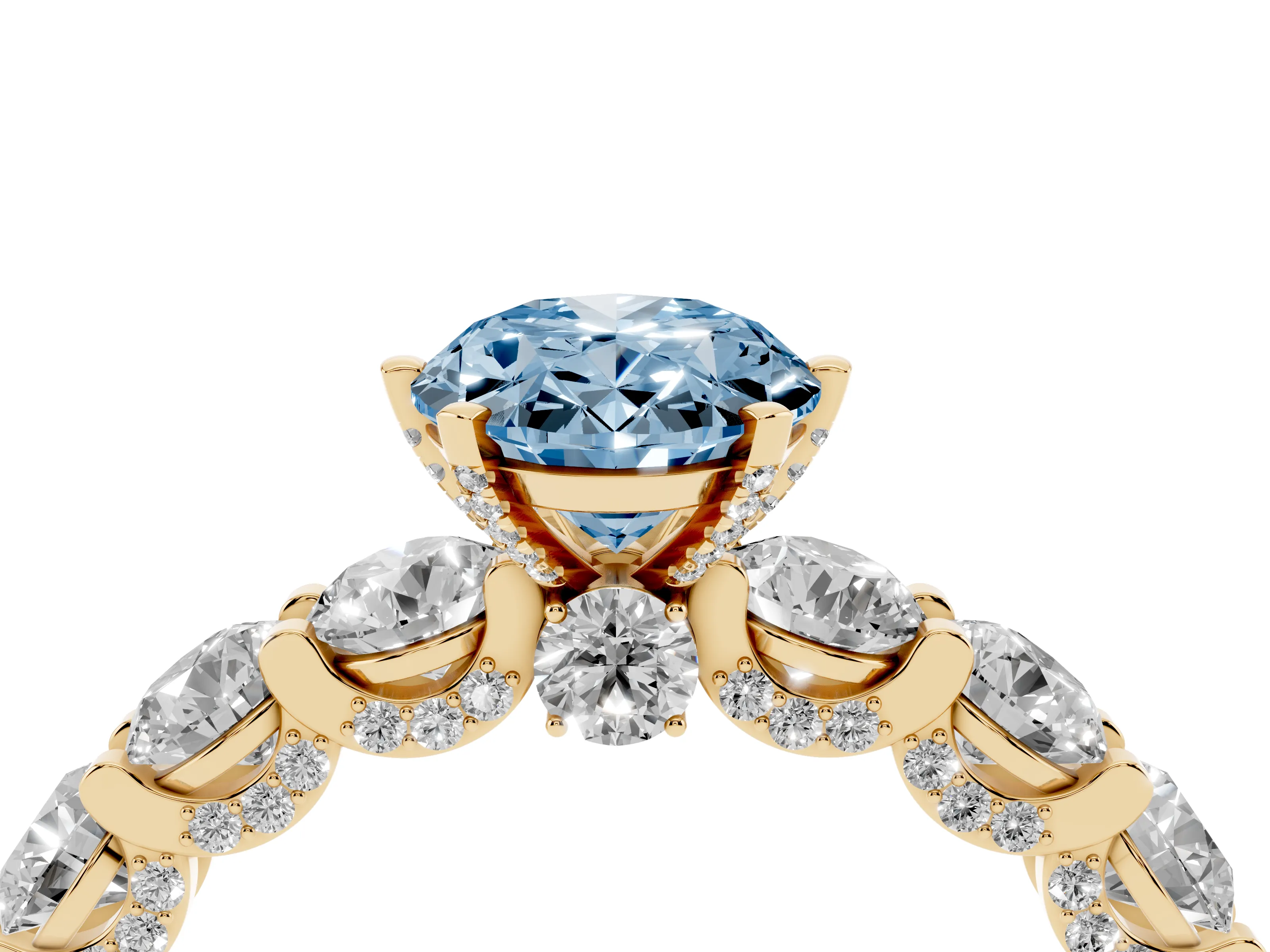 Fancy Blue Oval Cut Diamond Side Stone Ring Set in Yellow gold with Alternating Round and Oval Side Stones