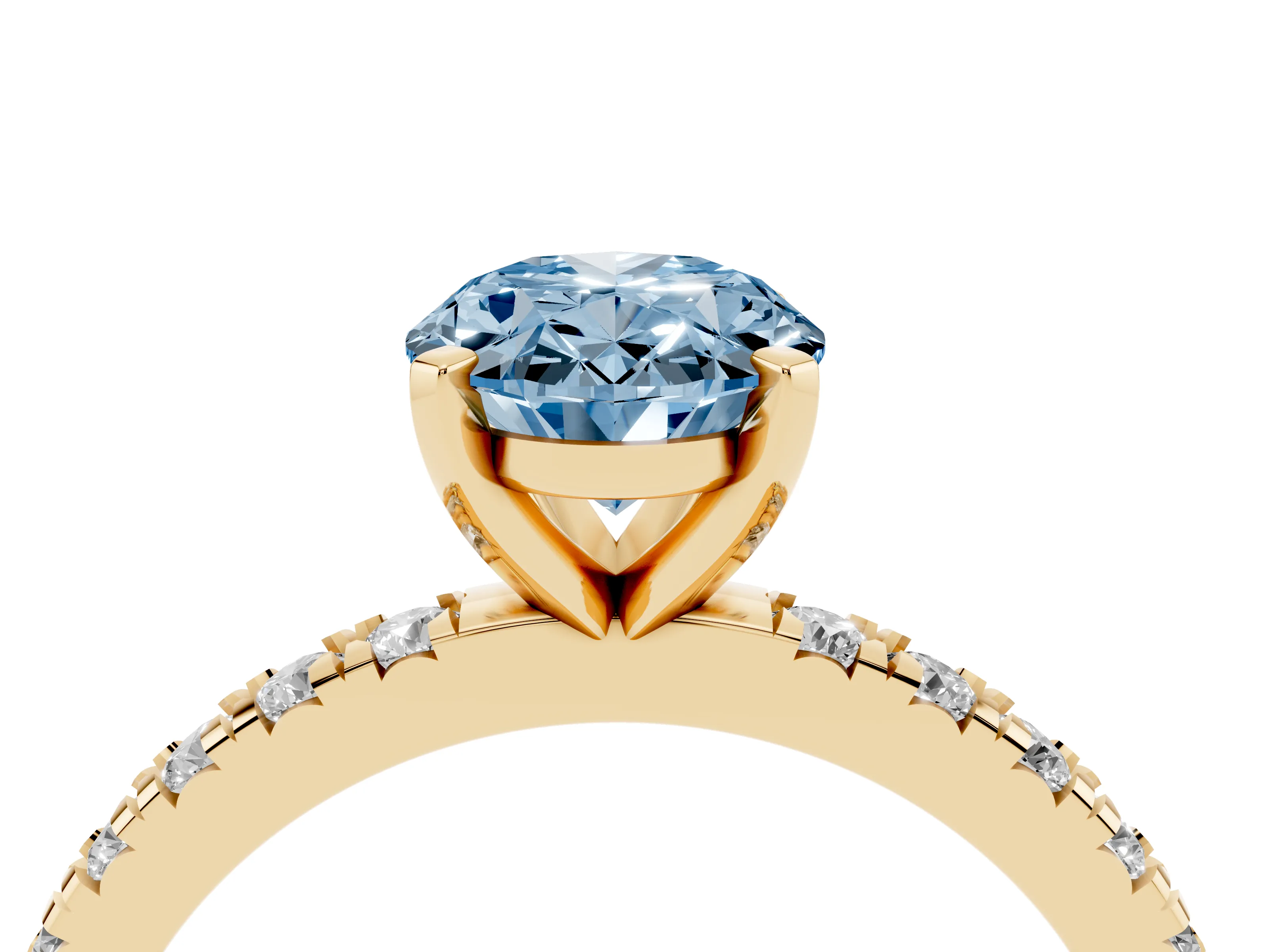 Fancy Blue Oval Cut Diamond Pavé Band Solitaire Set in Yellow gold with Prong Setting