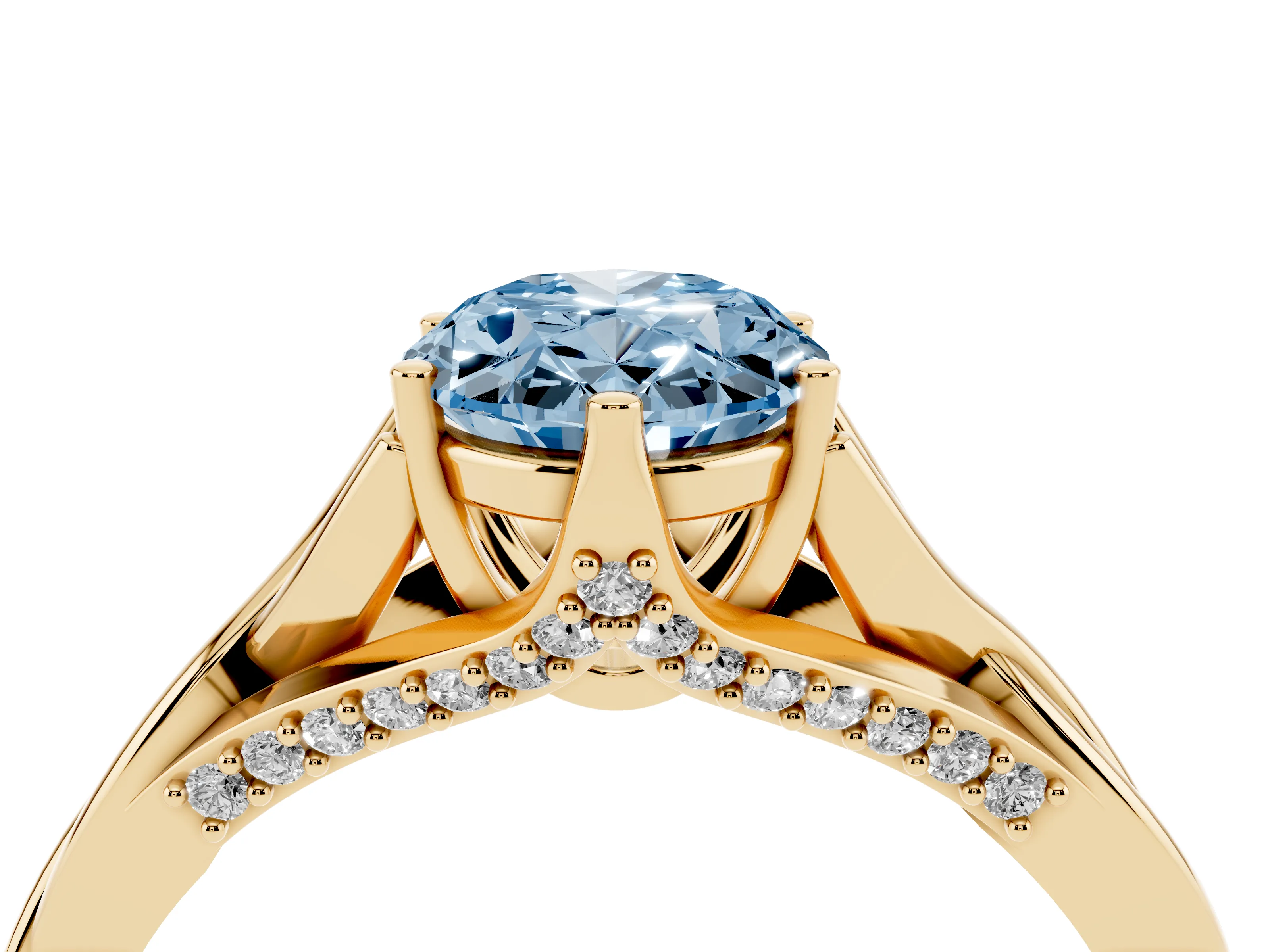 Fancy Blue Oval Cut Diamond Intertwined Twist Band Solitaire Ring Set in Yellow gold with Prong Setting