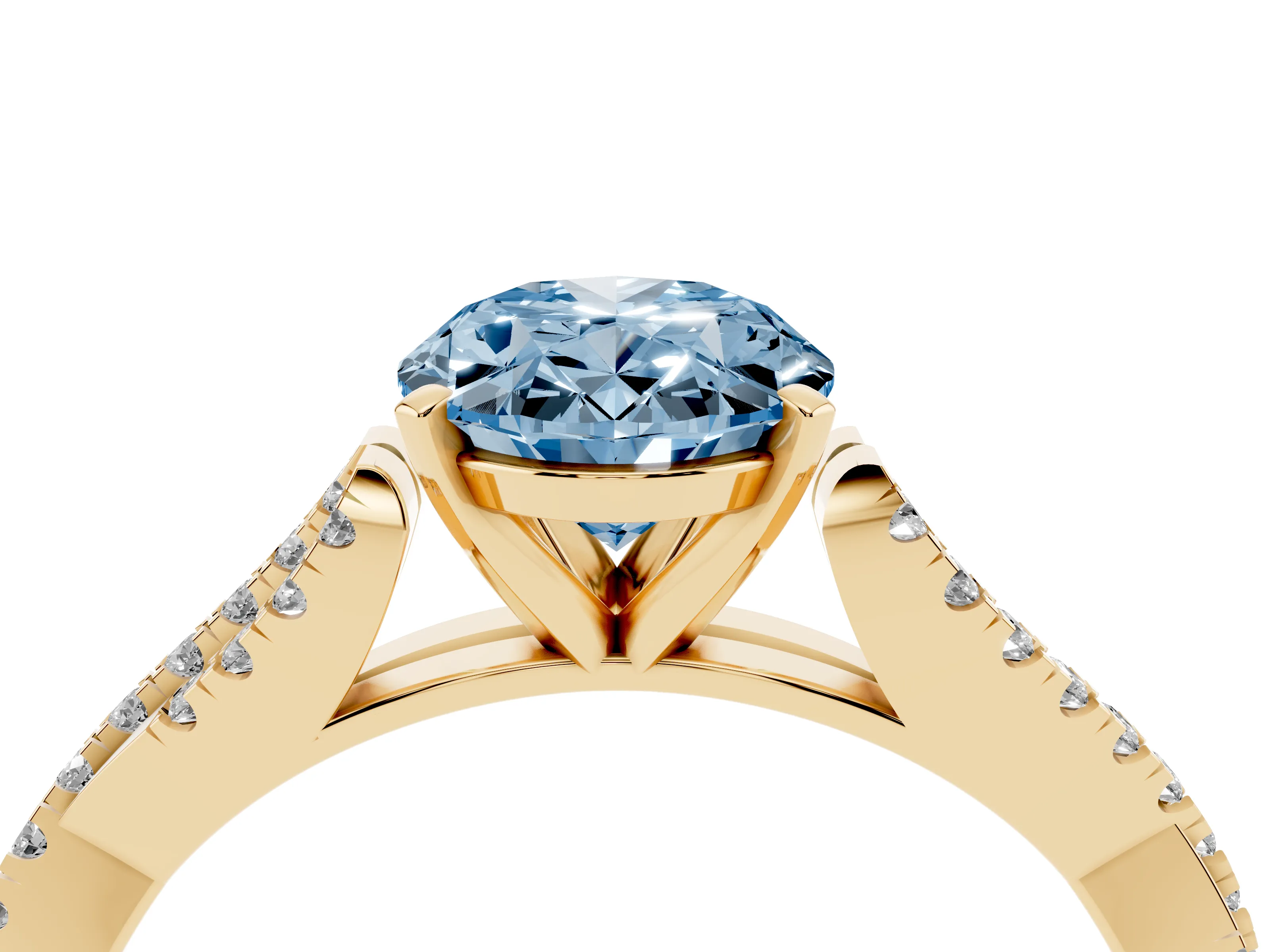 Fancy Blue Oval Cut Diamond Solitaire Engagement Ring Set in Yellow gold with Twisted Pavé Band and Prong Setting
