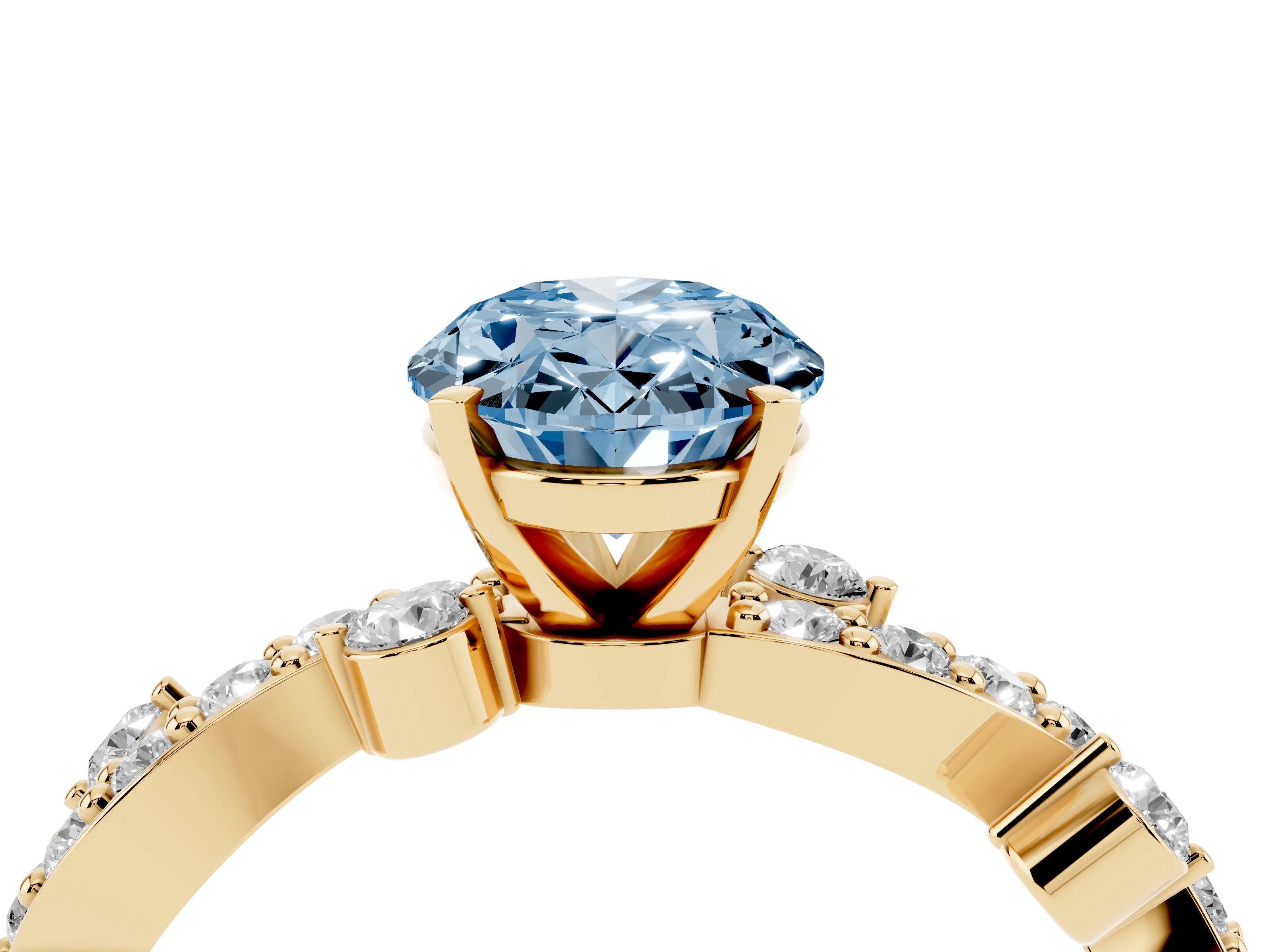 Fancy Blue Oval Cut Diamond Solitaire Twisted Band Set in Yellow gold with Pavé Setting