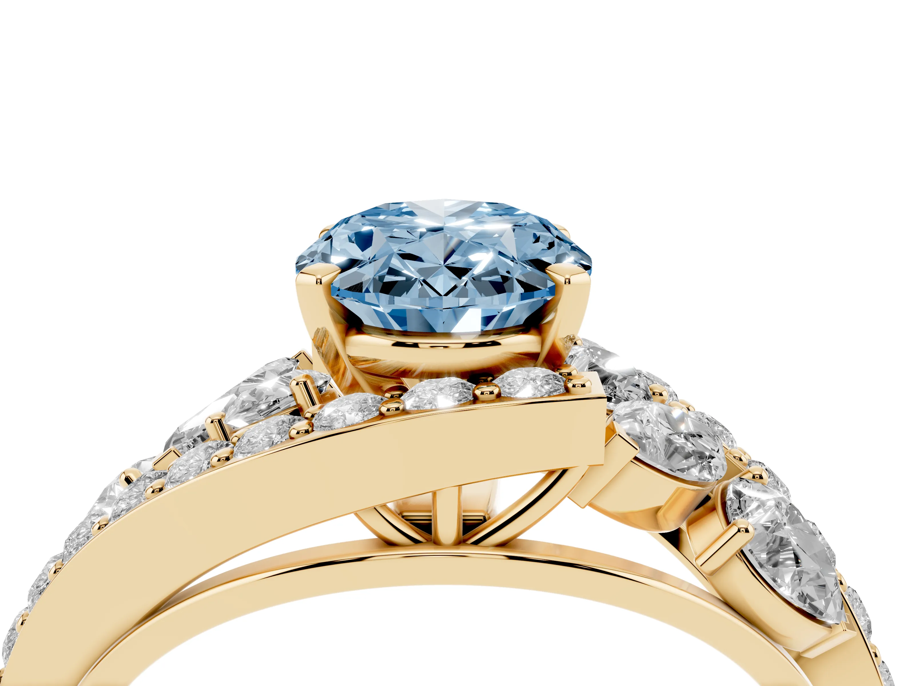 Fancy Blue Oval Cut Diamond Halo Ring Set in Yellow gold with Marquise and Pavé Band in Prong Setting