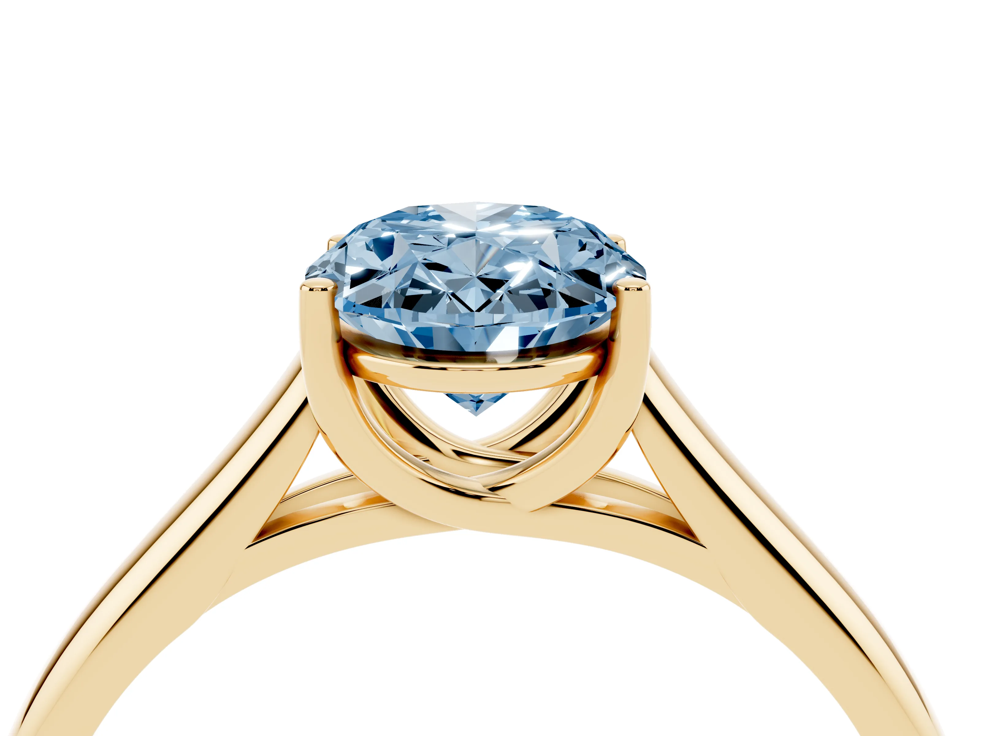 Fancy Blue Oval Cut Diamond Solitaire Engagement Ring Set in Yellow gold with Subtly Tapered Band and Prong Setting
