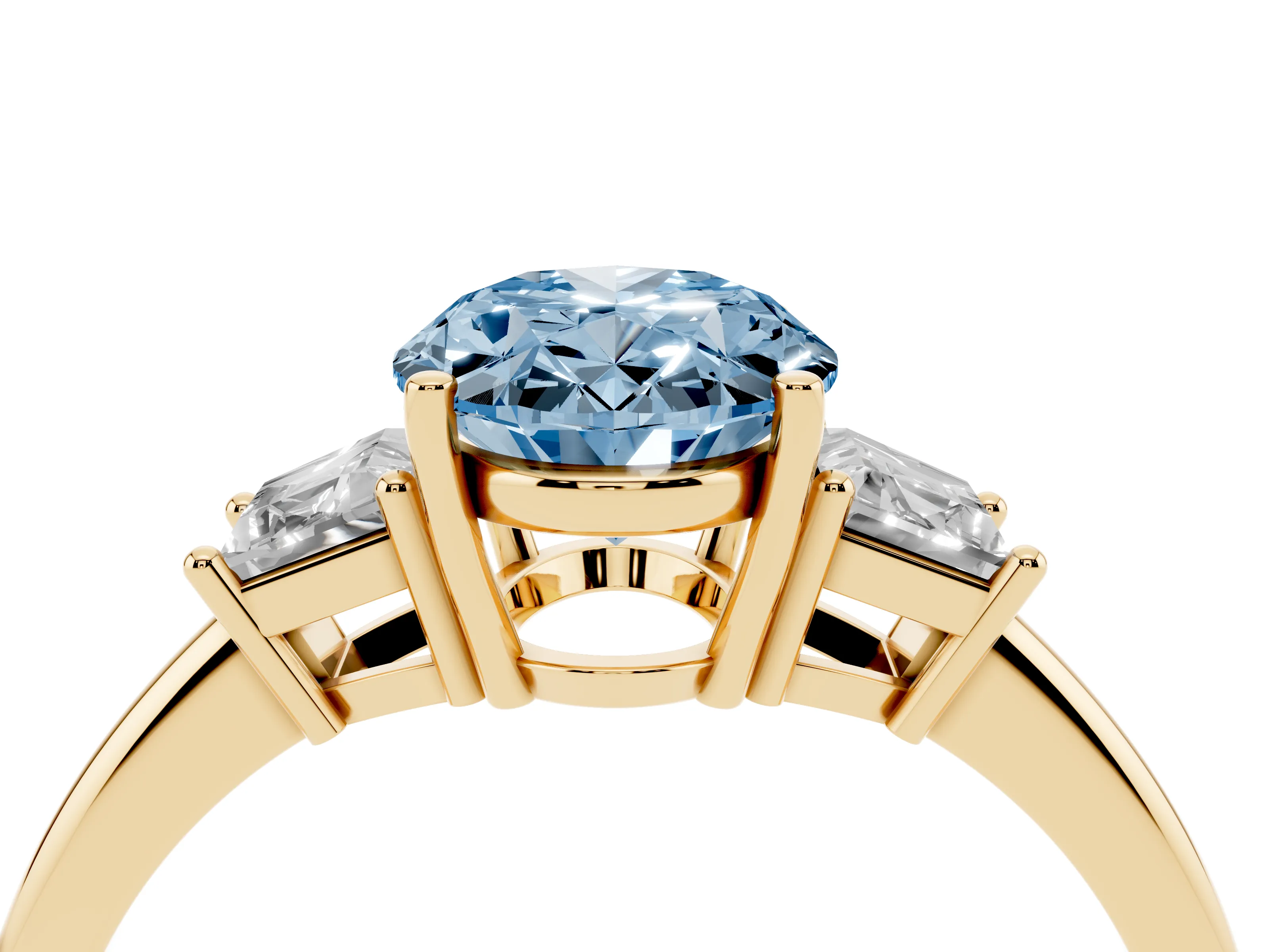 Fancy Blue Oval Cut Diamond Three-Stone Ring Set in Yellow gold with Trapezoid Side Stones and Prong Setting