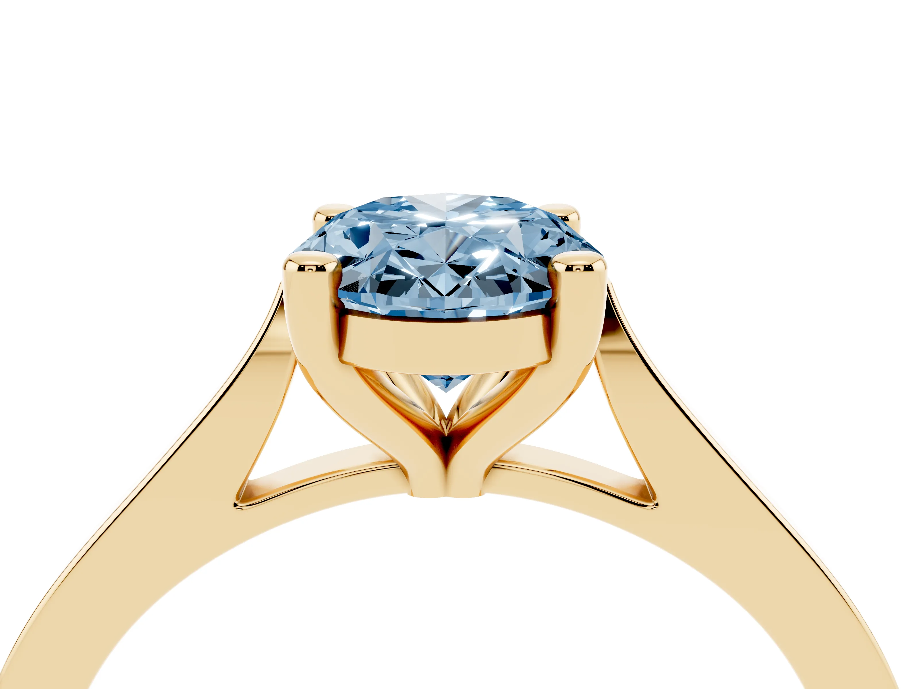 Fancy Blue Oval Cut Diamond Solitaire Ring Set in Yellow gold with Prong Setting and Tapered Band