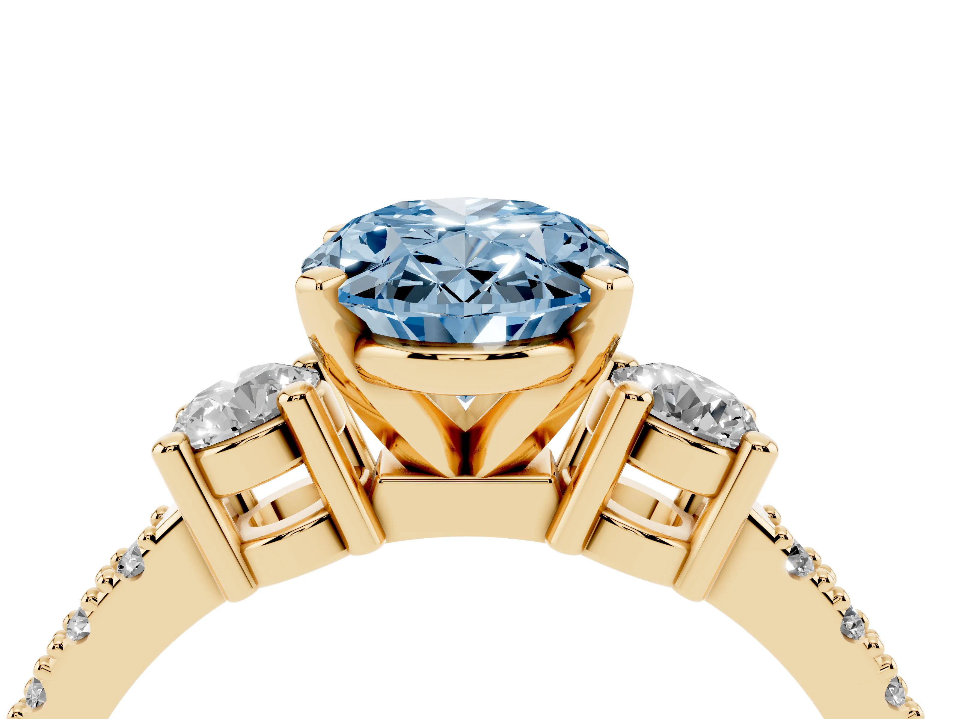 Fancy Blue Three-Stone Oval Cut Diamond Pavé Band Ring Set in Yellow gold with Prong Setting