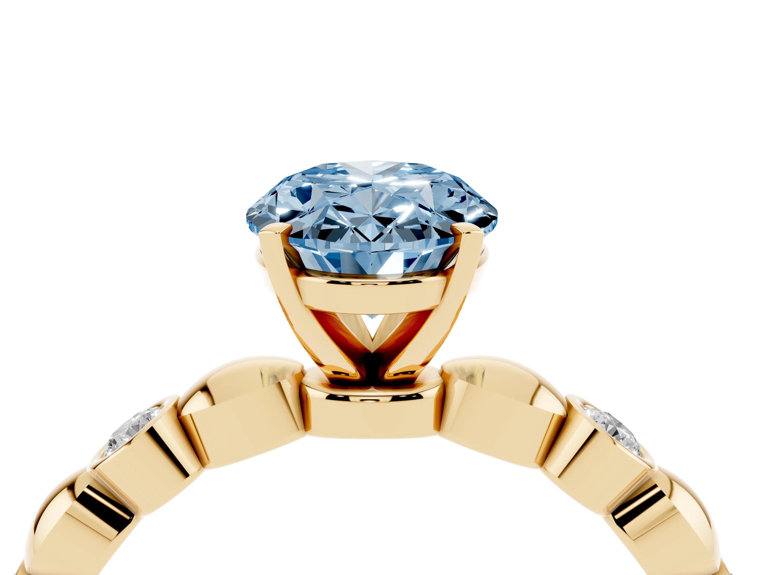 Fancy Blue Oval Cut Diamond Solitaire Ring Set in Yellow gold with Bezel-Set Accents on Beaded Band and Prong Setting
