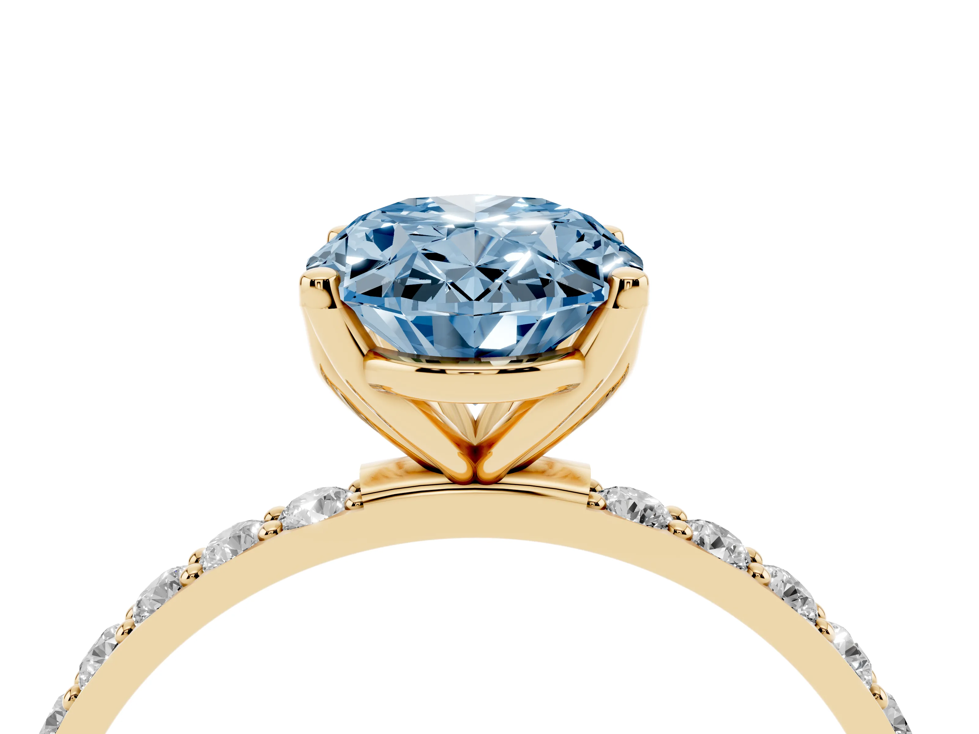 Fancy Blue Oval Cut Diamond Solitaire Engagement Ring Set in Yellow gold with Round Pavé Band and Prong Setting
