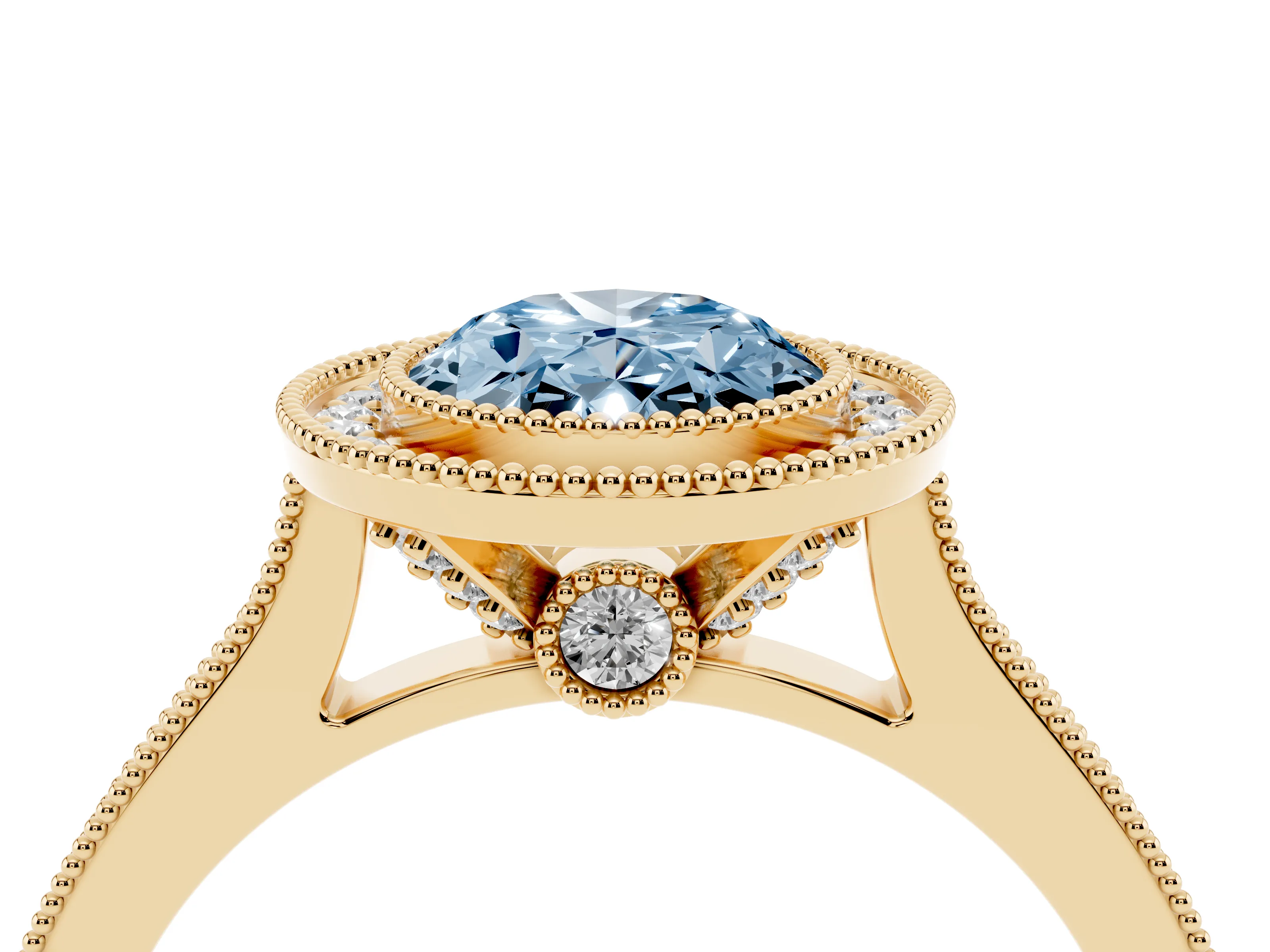 Fancy Blue Oval Cut Diamond Halo Milgrain Pavé Band Ring Set in Yellow gold with Prong Setting