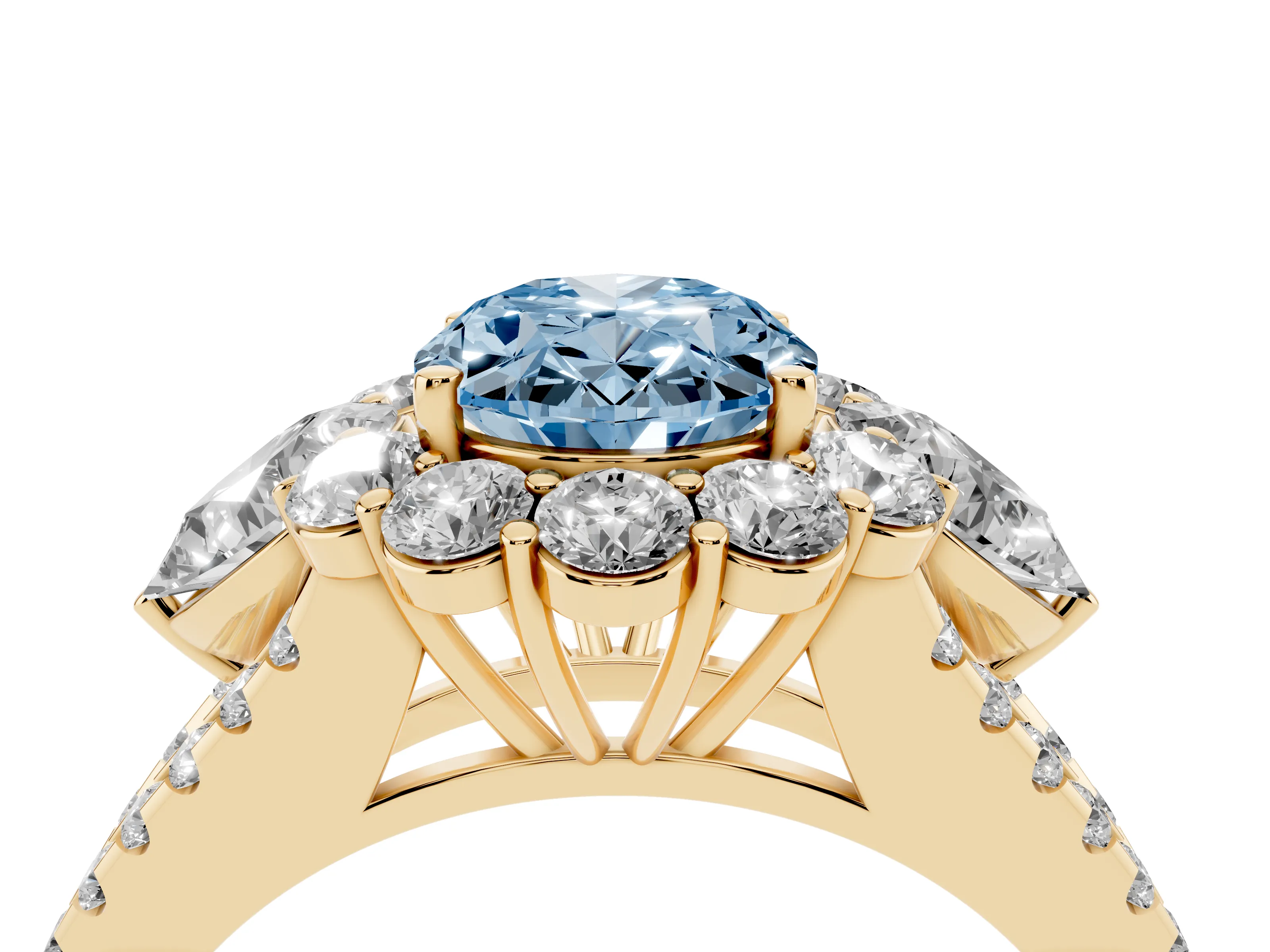 Fancy Blue Oval Cut Diamond Halo Split Shank Engagement Ring Set in Yellow gold with Prong-Held Center Stone