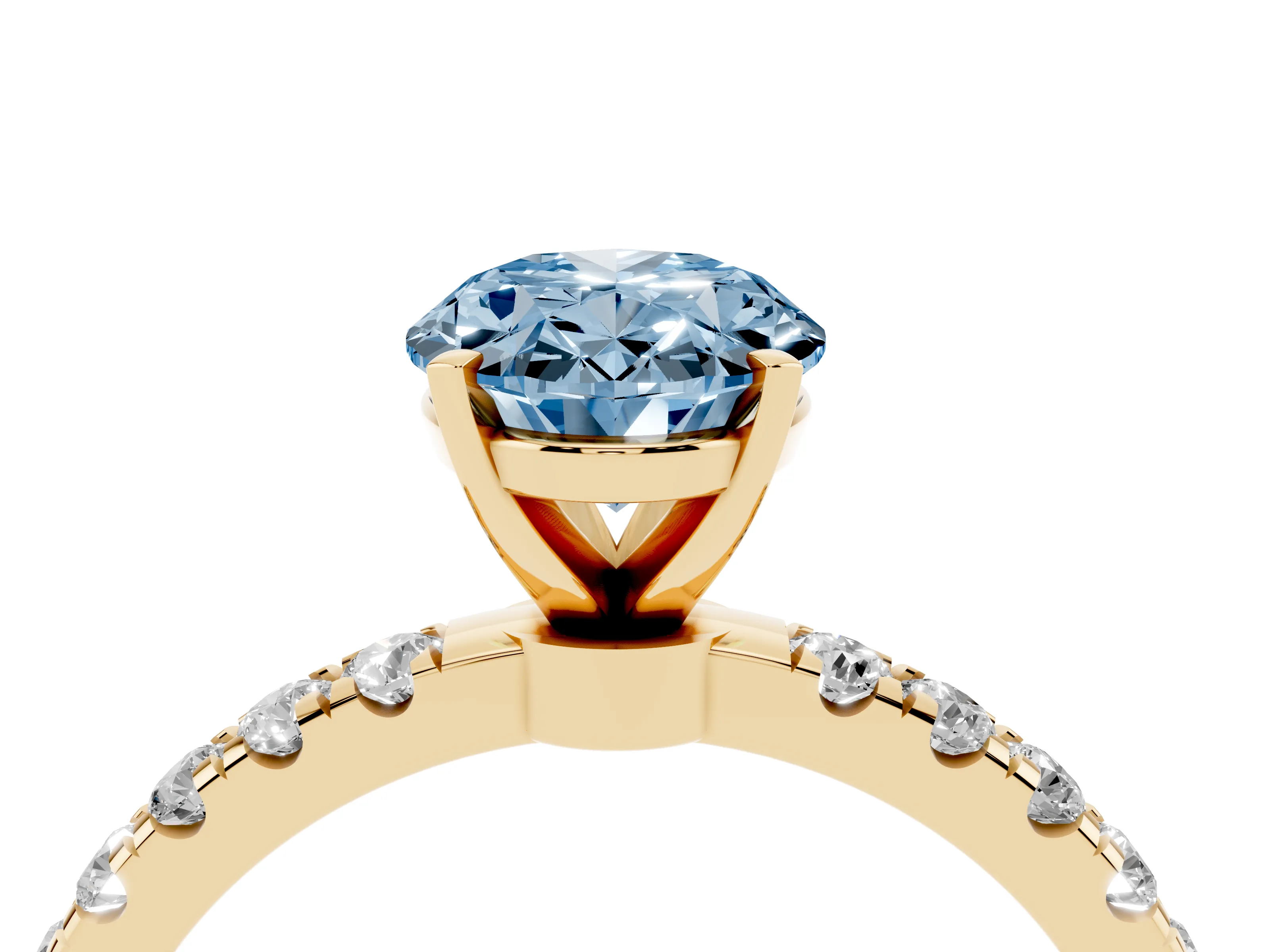 Fancy Blue Oval Cut Diamond Solitaire Ring Set in Yellow gold with Pavé Accents and Prong Setting