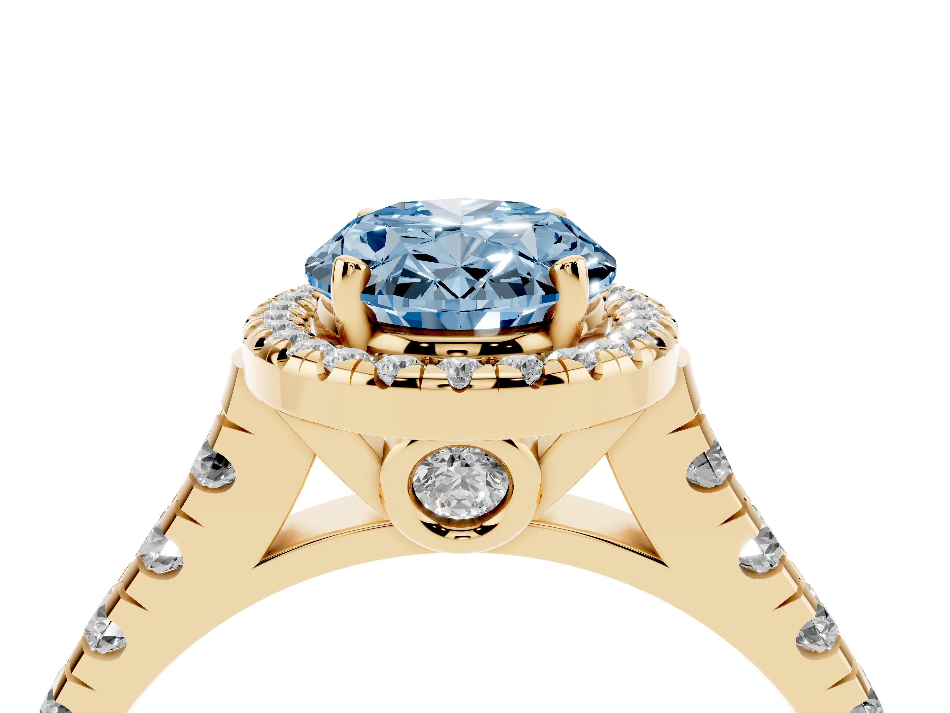 Fancy Blue Oval Cut Diamond Halo Engagement Ring Set in Yellow gold with Pavé Band and Prong-Set Center