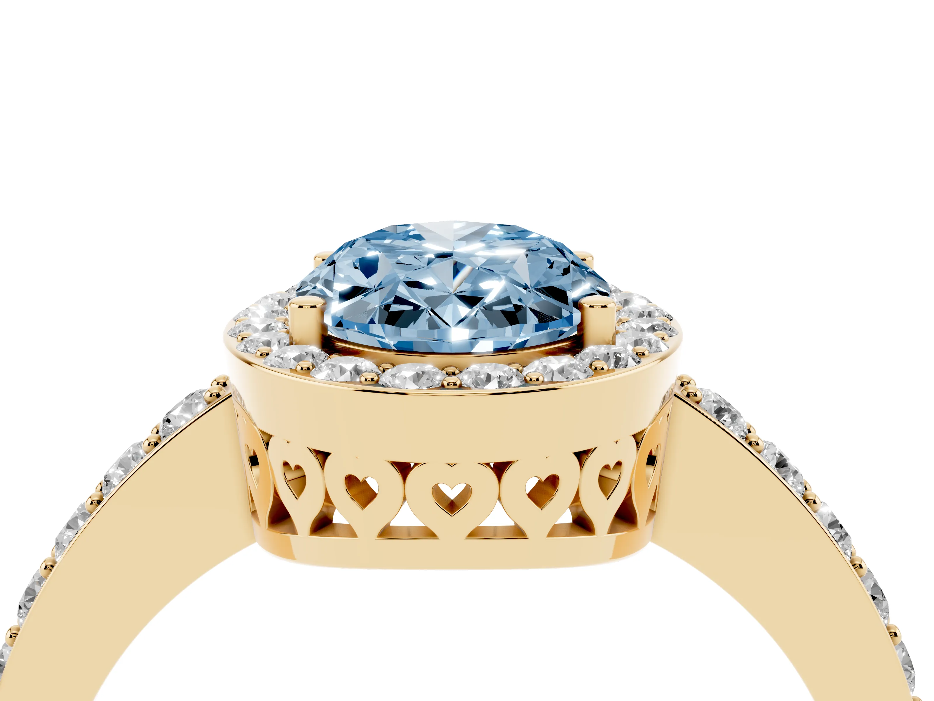 Fancy Blue Oval Cut Diamond Halo Ring Set in Yellow gold with Pavé-Setting Band and Open Prong Center