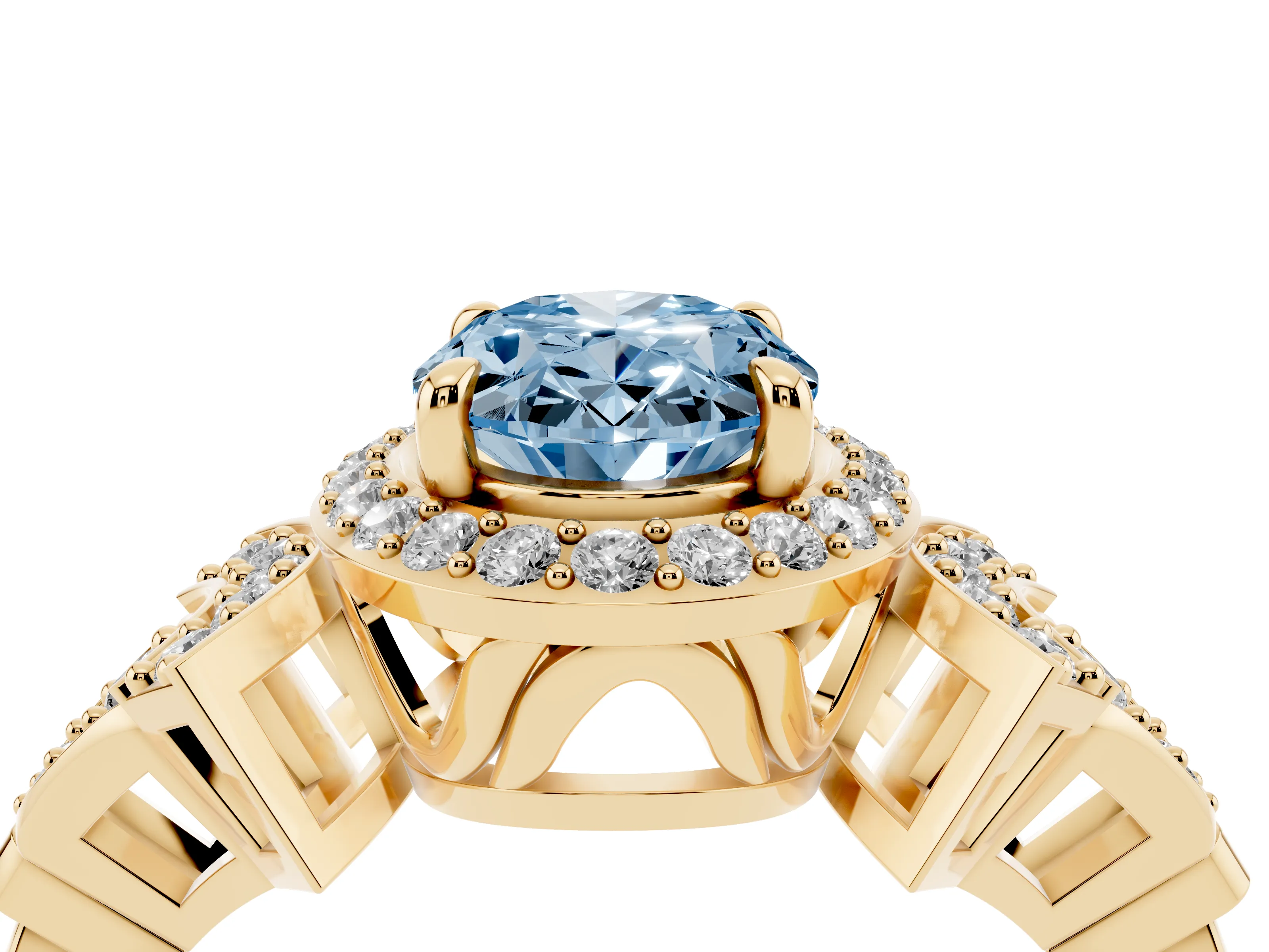 Fancy Blue Oval Cut Diamond Halo Engagement Ring Set in Yellow gold with Accent Stone Split Shank
