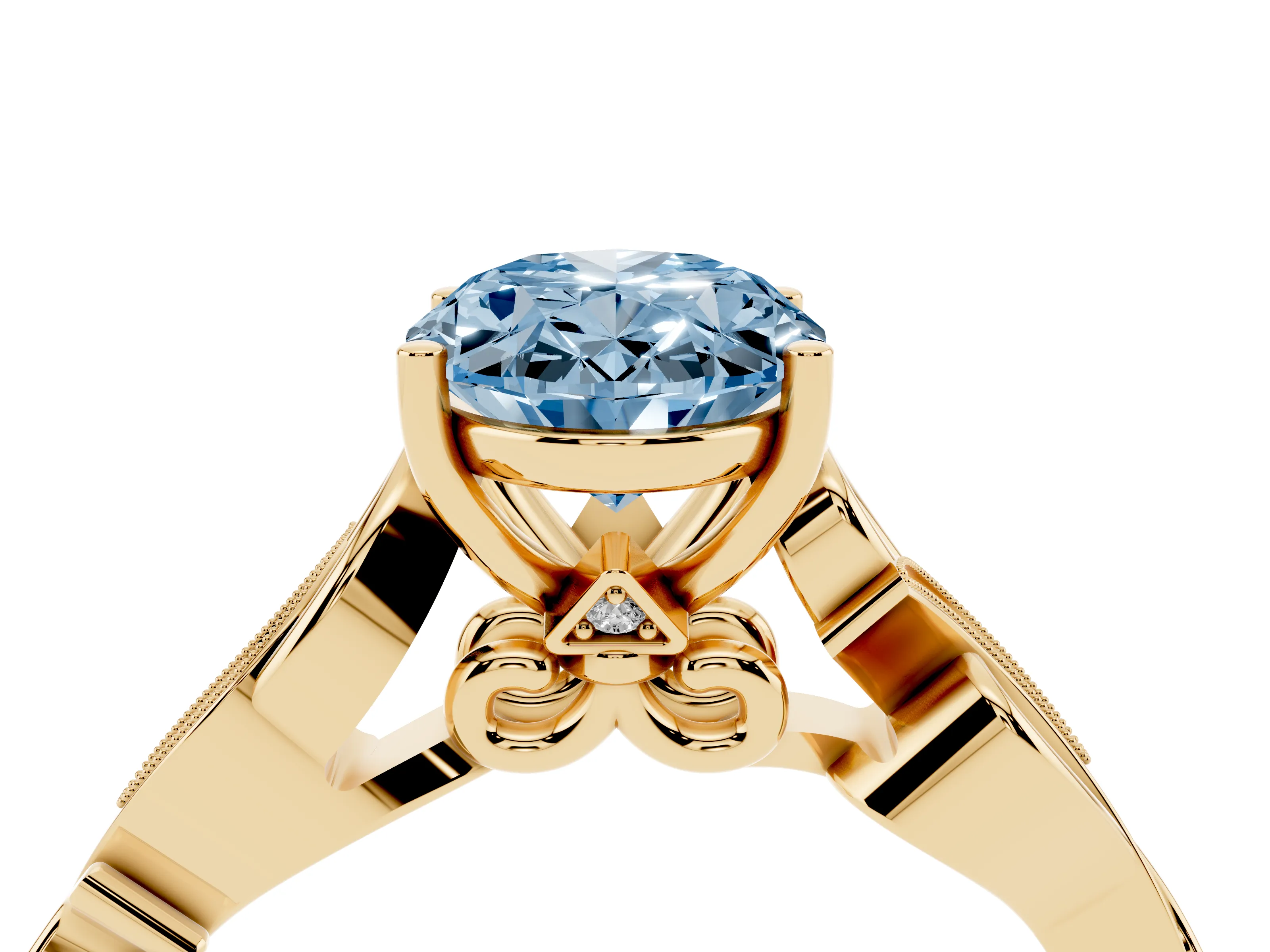 Fancy Blue Oval Cut Diamond Vine Band Solitaire Ring Set in Yellow gold with Milgrain Prong Setting