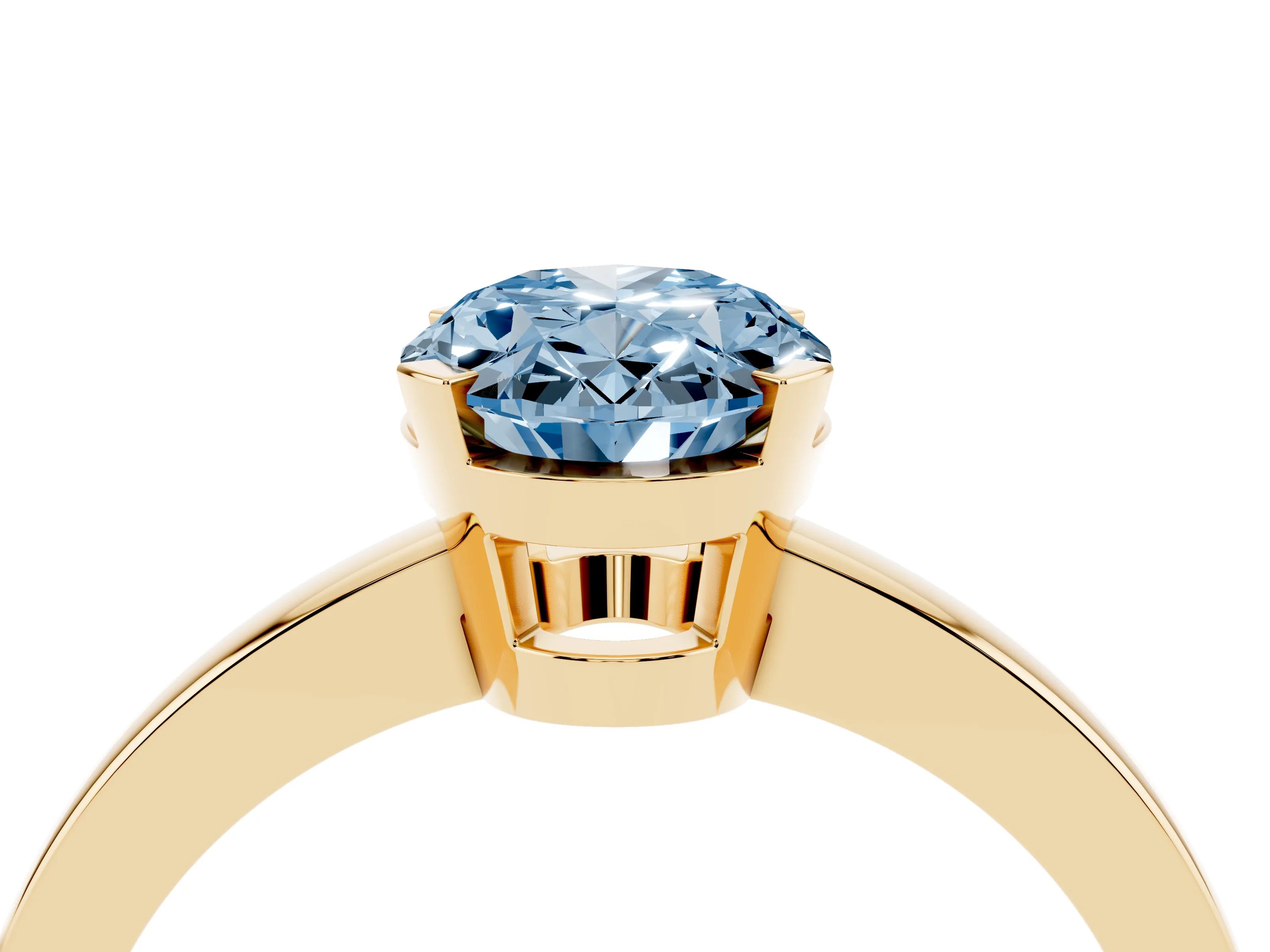 Fancy Blue Oval Cut Diamond Solitaire Ring Set in Yellow gold with Prong Head and Smooth Polished Band