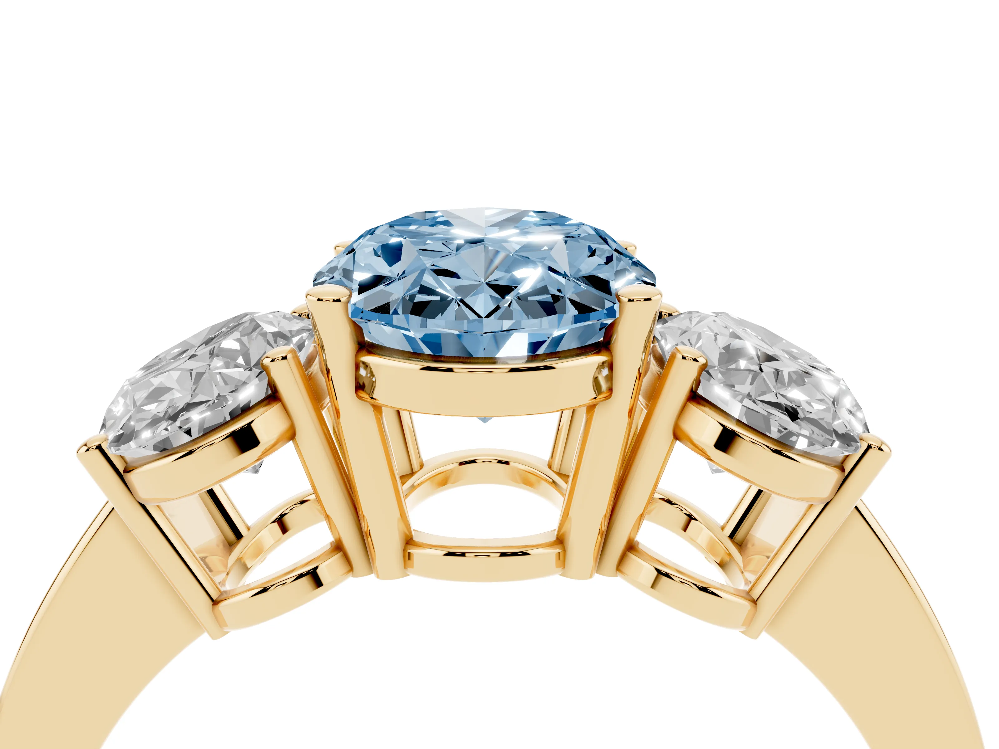 Fancy Blue Oval Cut Diamond Three-Stone Engagement Ring Set in Yellow gold with Flat Band