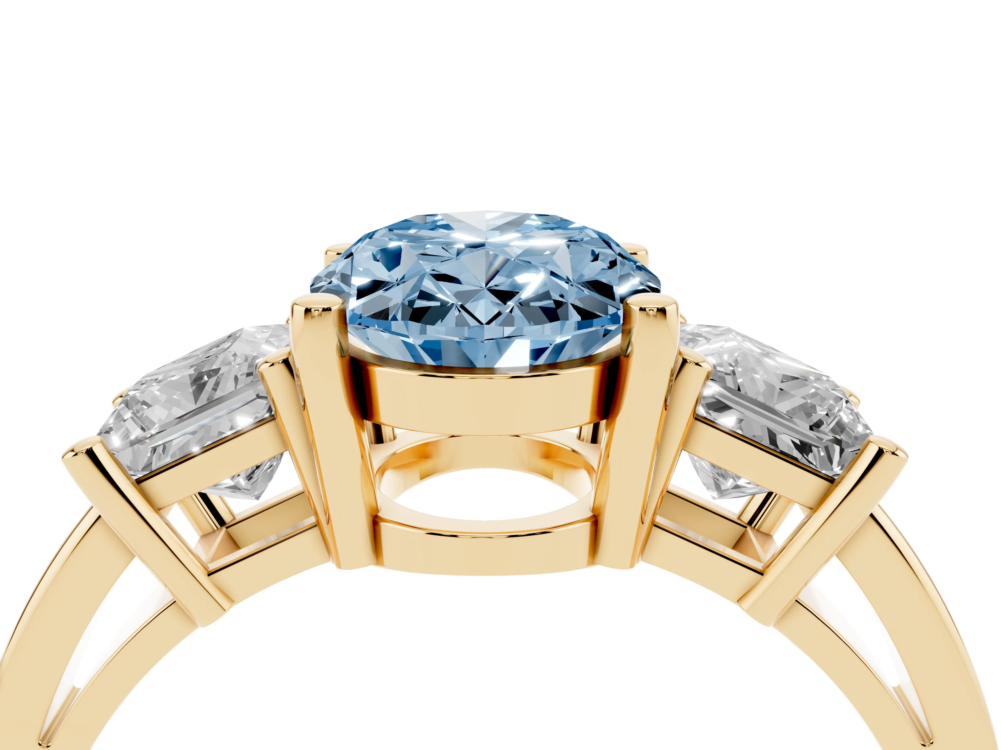 Fancy Blue Three-Stone Oval Cut Diamond Solitaire Ring Set in Yellow gold with Prong Setting