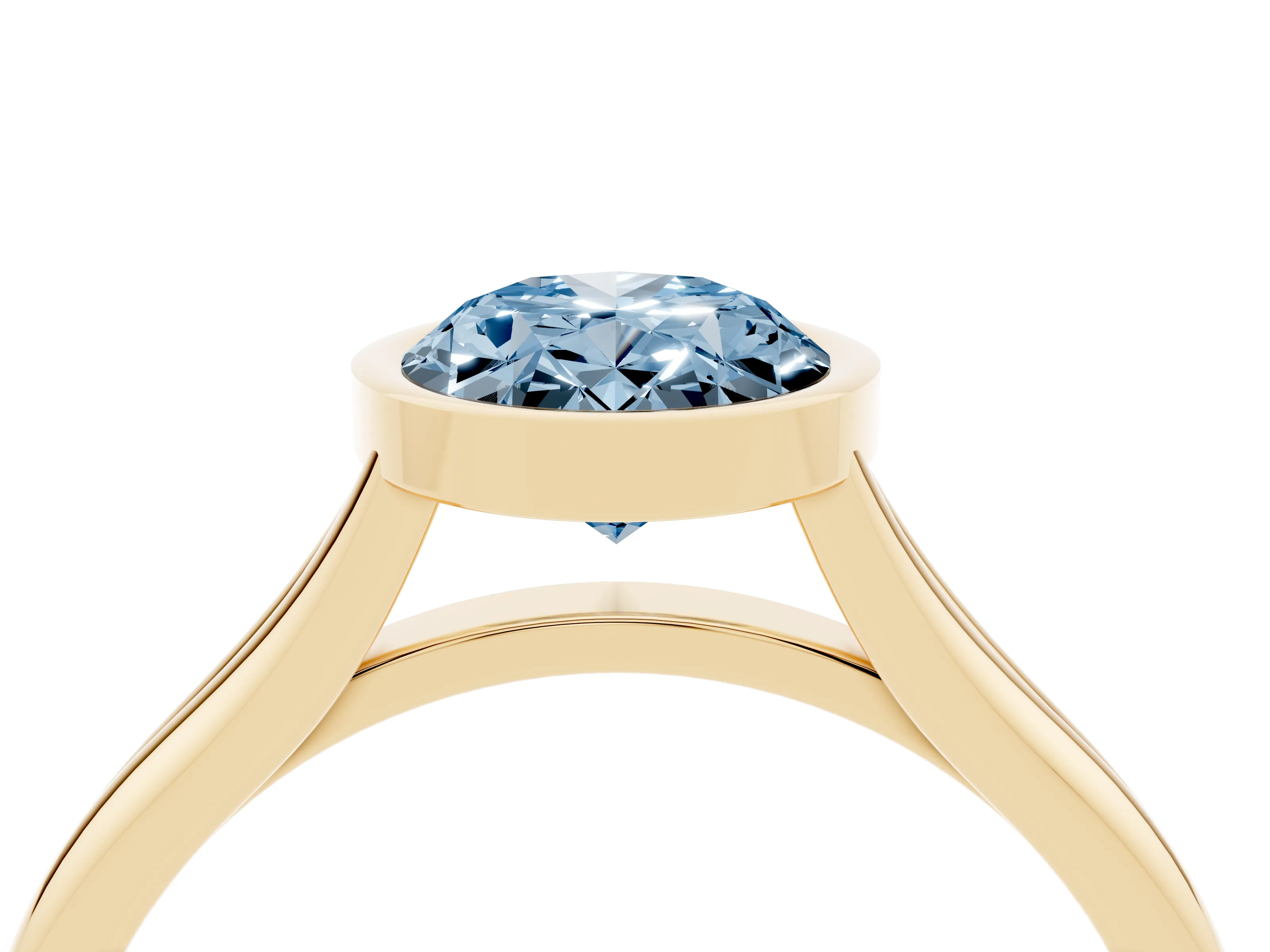 Fancy Blue Bezel Set Oval Cut Diamond Solitaire Ring Set in Yellow gold with Tapered Band