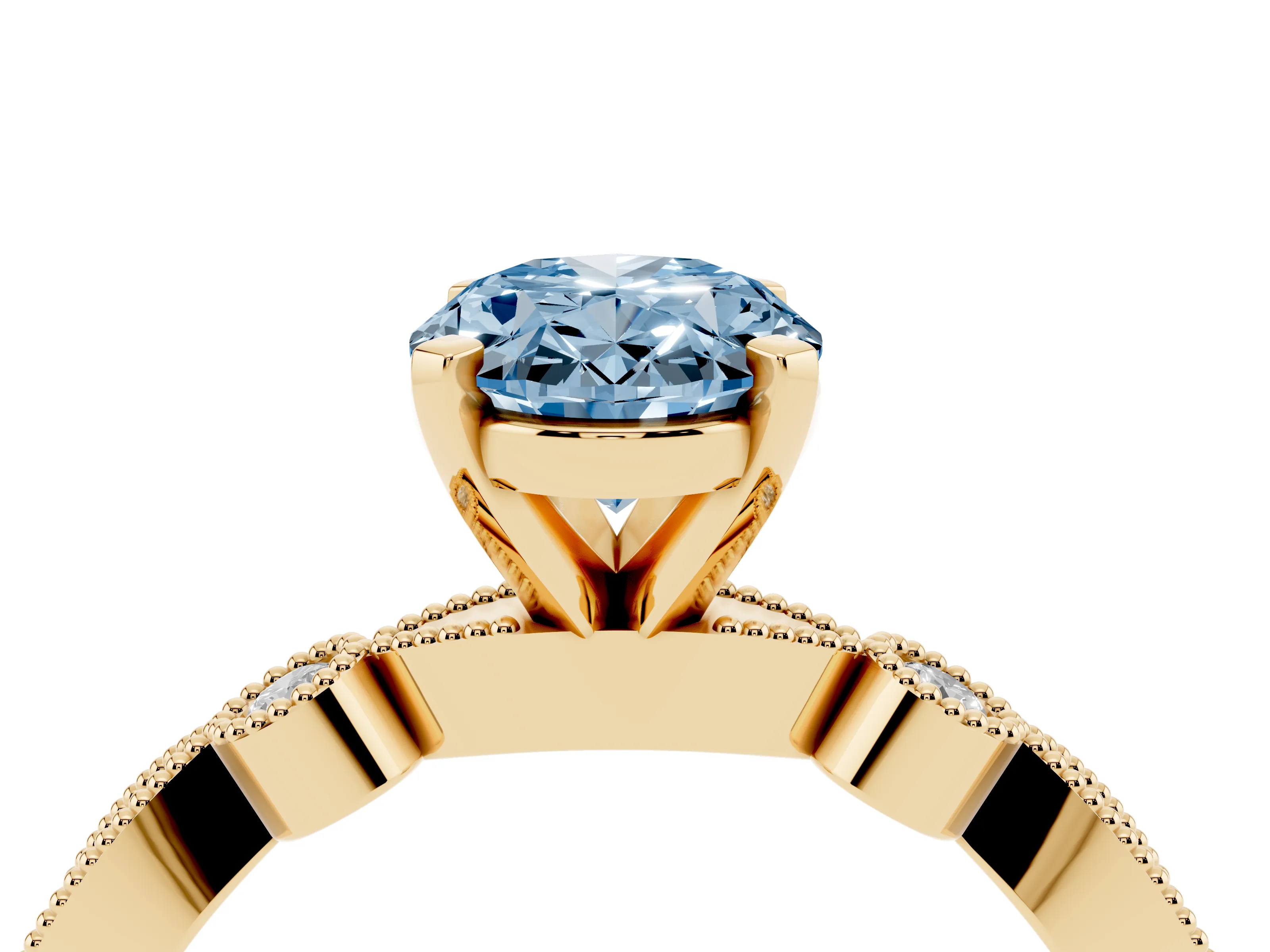 Fancy Blue Oval Cut Diamond Solitaire Engagement Ring Set in Yellow gold with Milgrain Bezel Accent Band