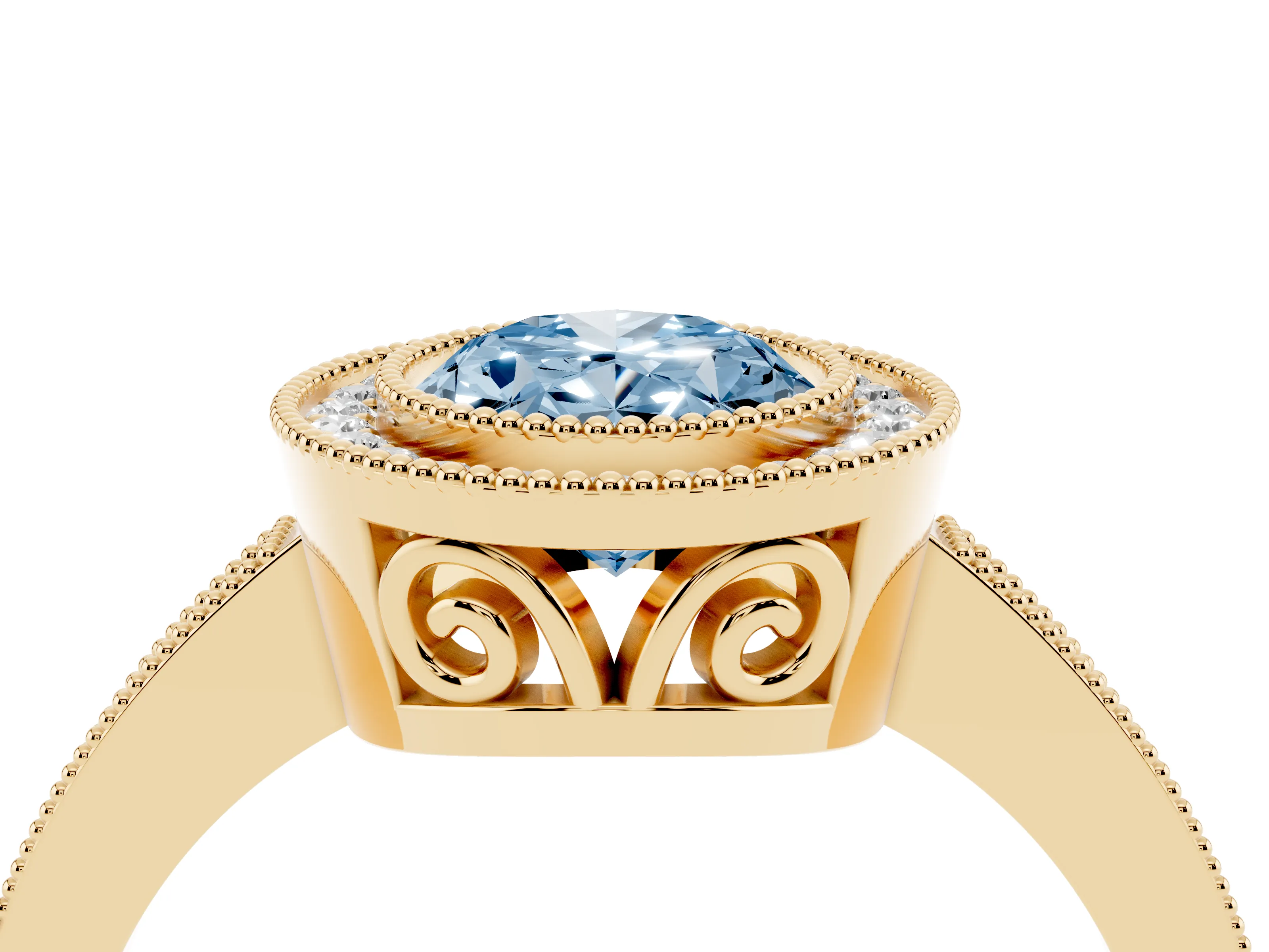 Fancy Blue Oval Cut Diamond Halo Ring Set in Yellow gold with Pavé Band and Milgrain-Edged Prongs