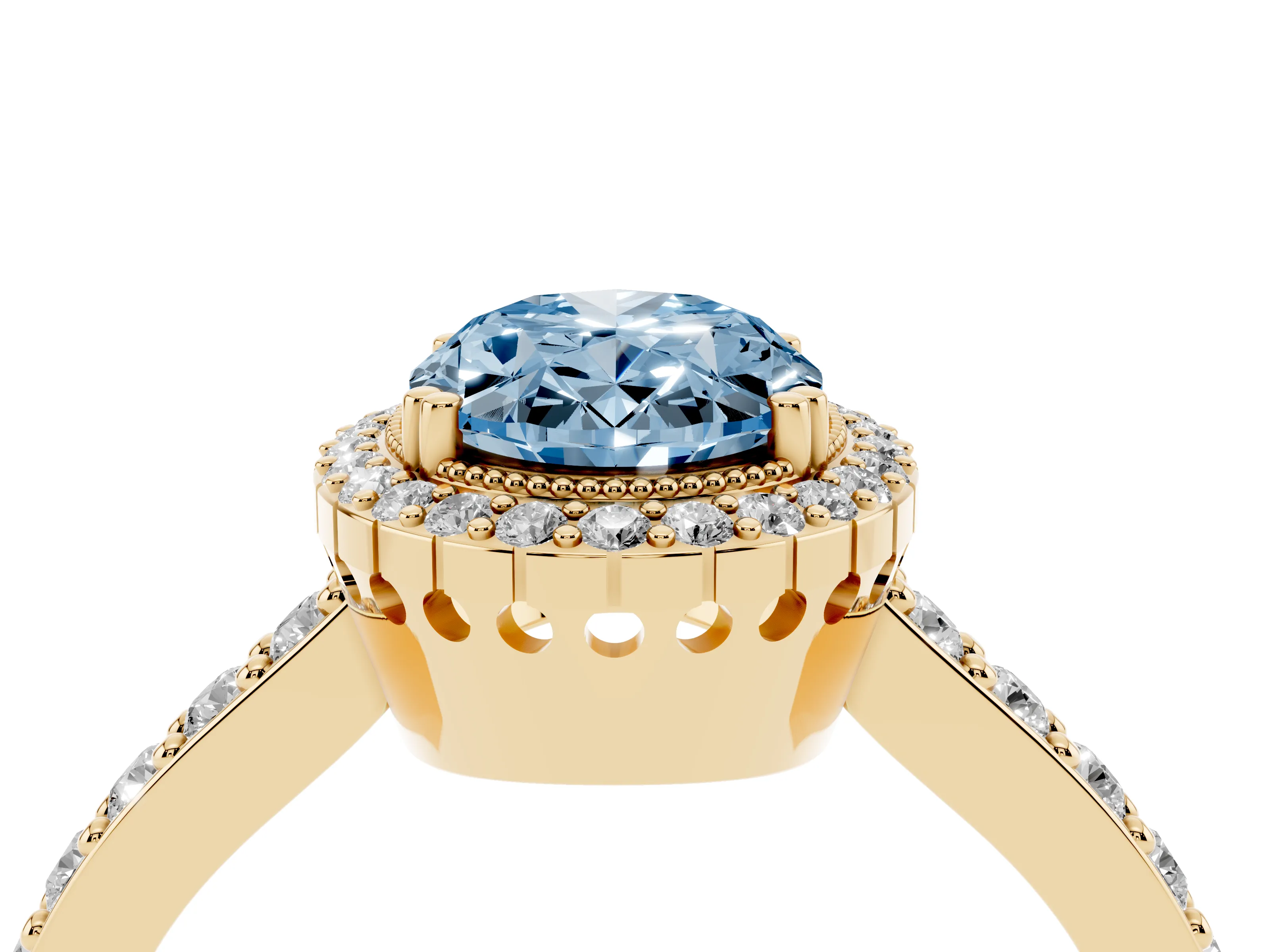 Fancy Blue Oval Cut Diamond Halo Engagement Ring Set in Yellow gold with Milgrain Detail and Pavé Band