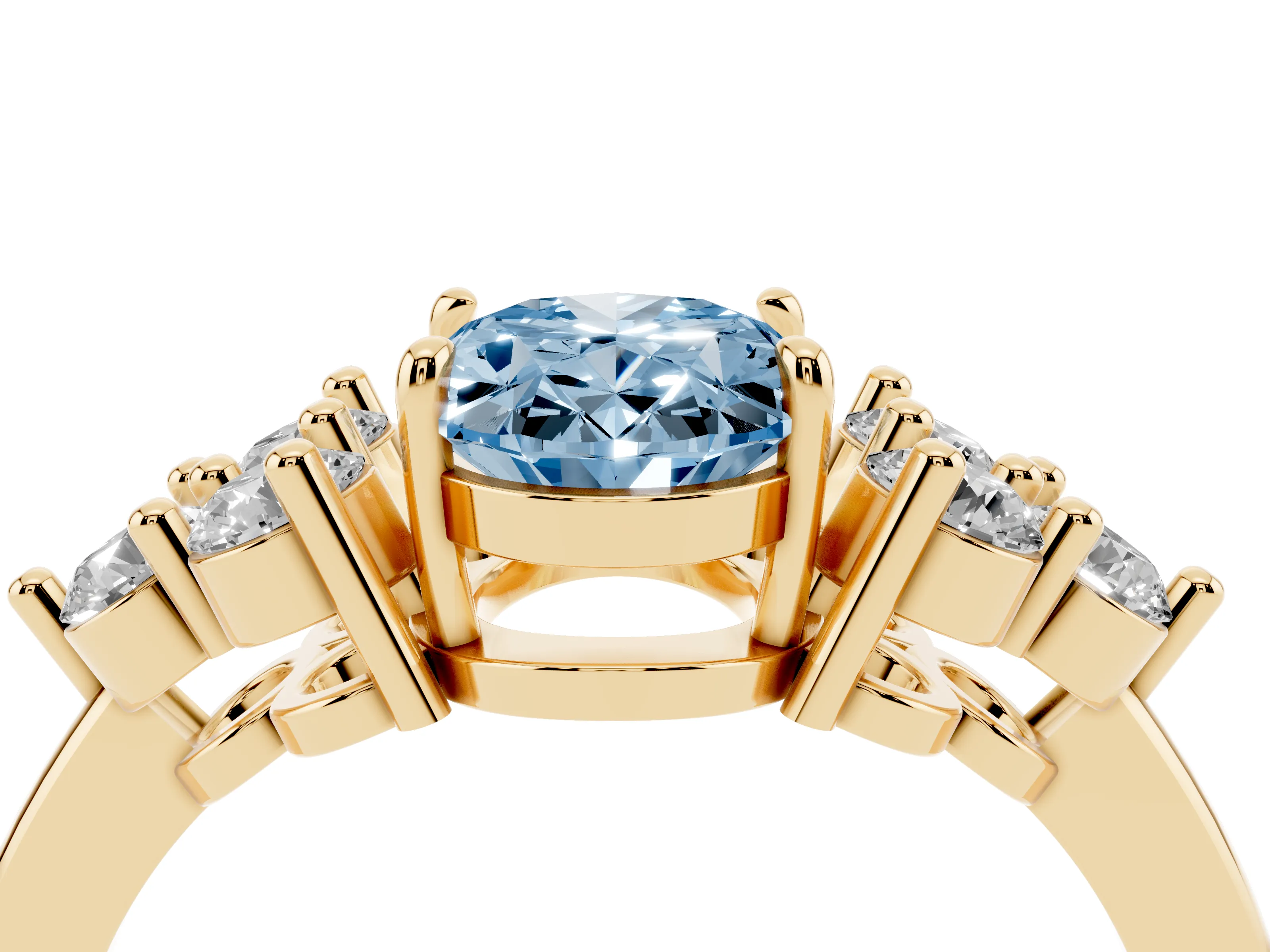 Fancy Blue Oval Cut Diamond Solitaire Ring Set in Yellow gold with Cluster Accents on Each Side