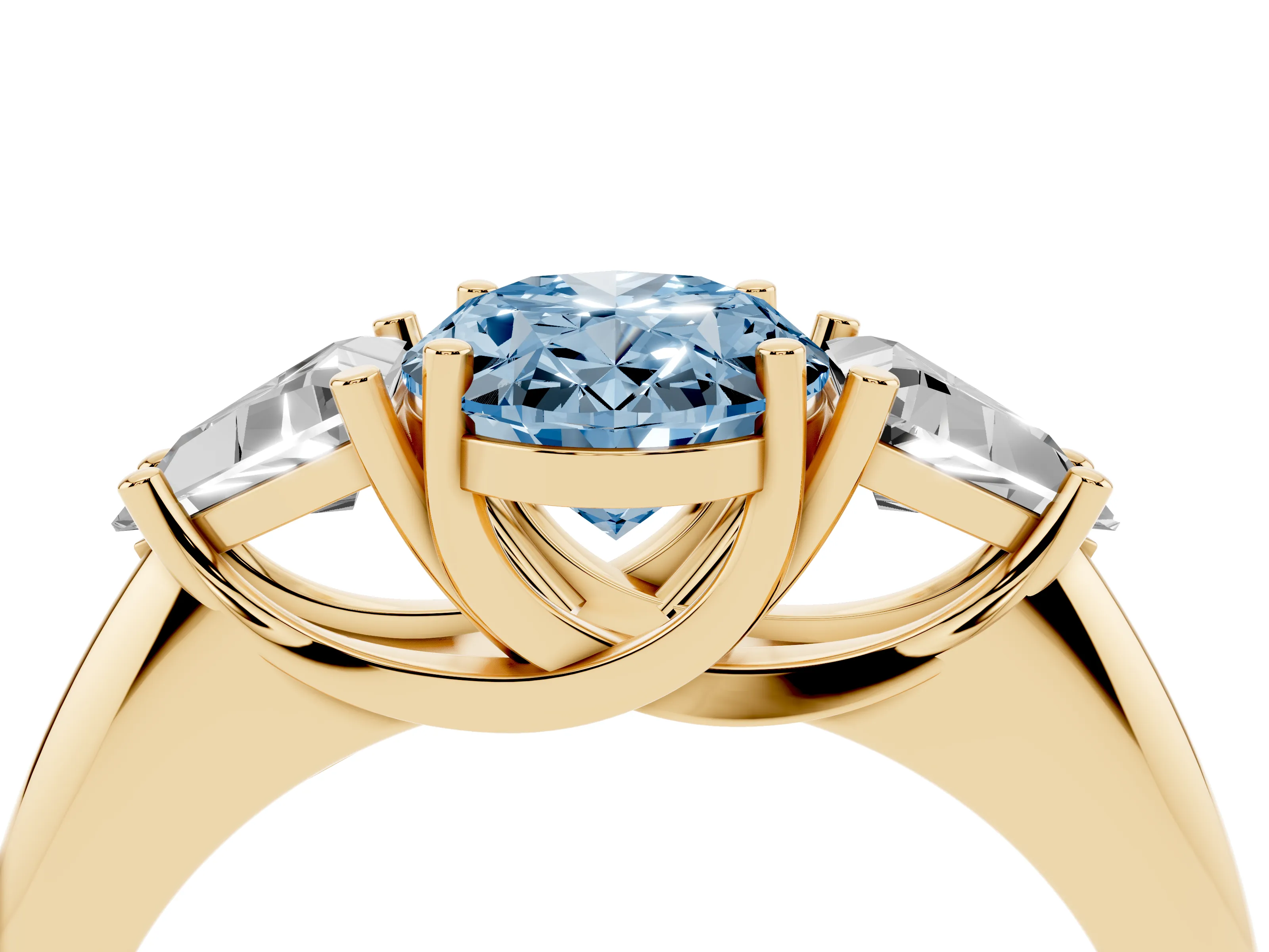 Fancy Blue Oval Cut Diamond Three-Stone Engagement Ring Set in Yellow gold with Trillion Side Stones