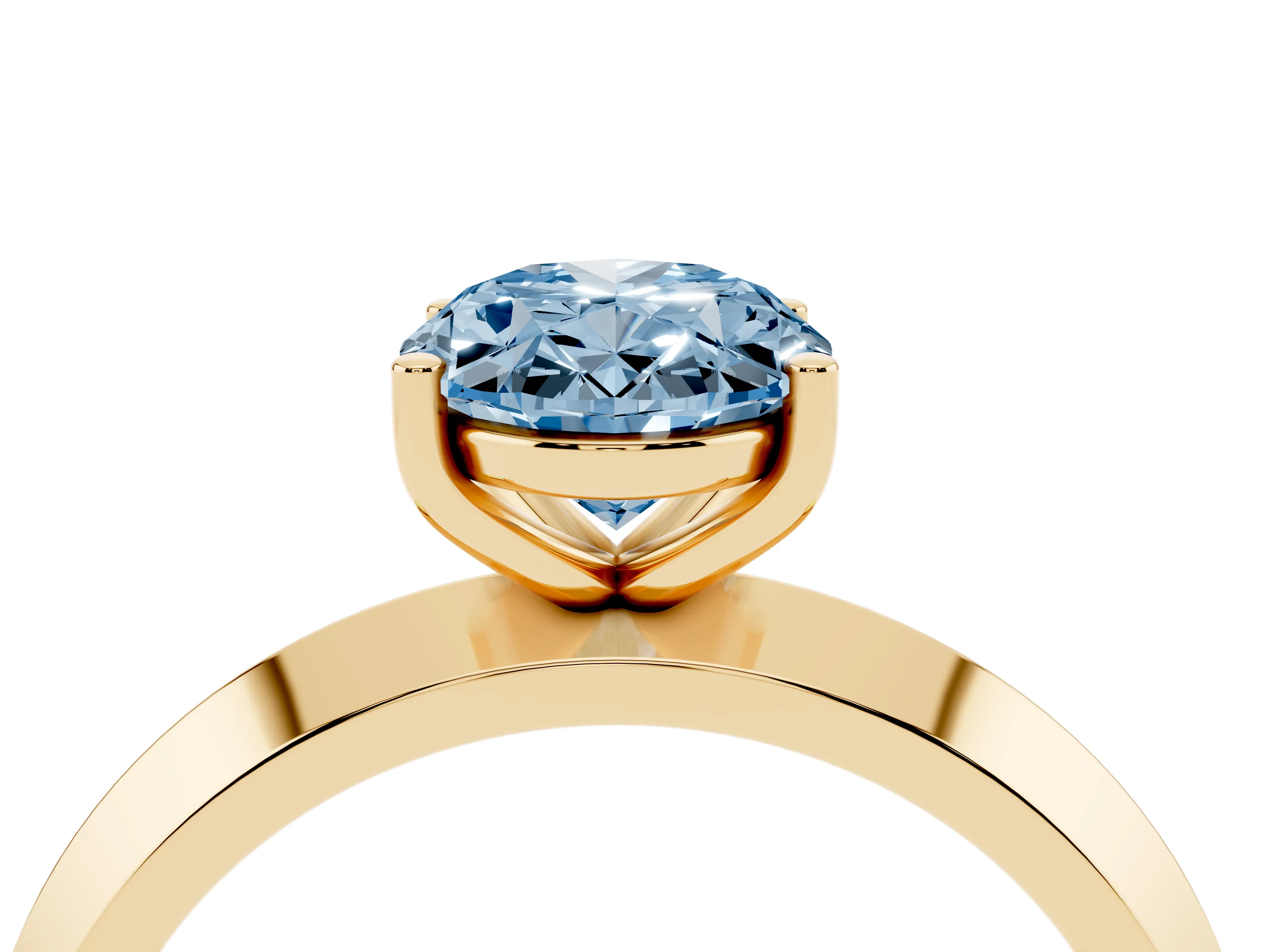 Fancy Blue Oval Cut Diamond Solitaire Engagement Ring Set in Yellow gold with Flat Band and Prong Setting