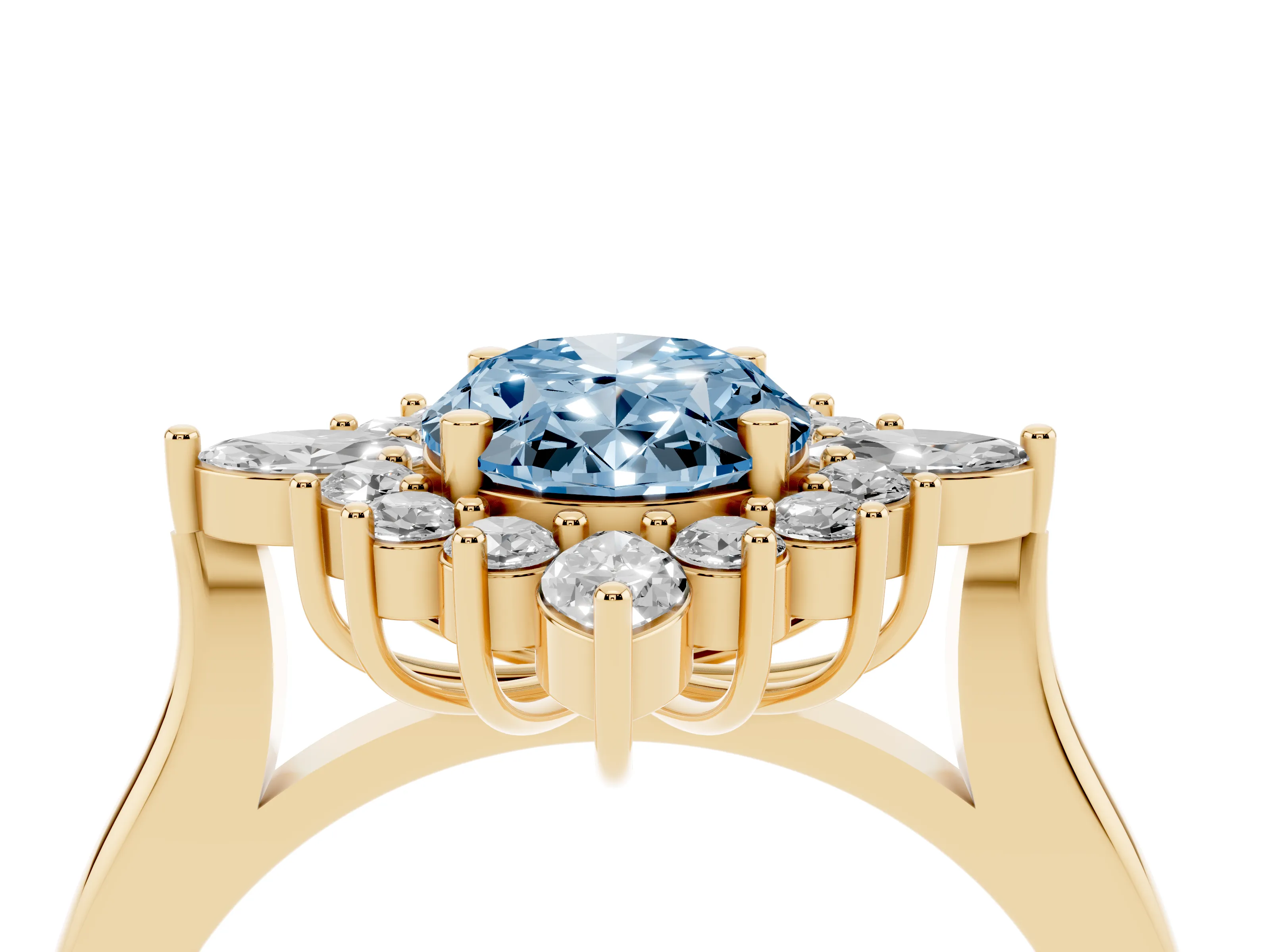 Fancy Blue Oval Cut Diamond Cluster Halo Ring Set in Yellow gold with Marquise and Round Accents