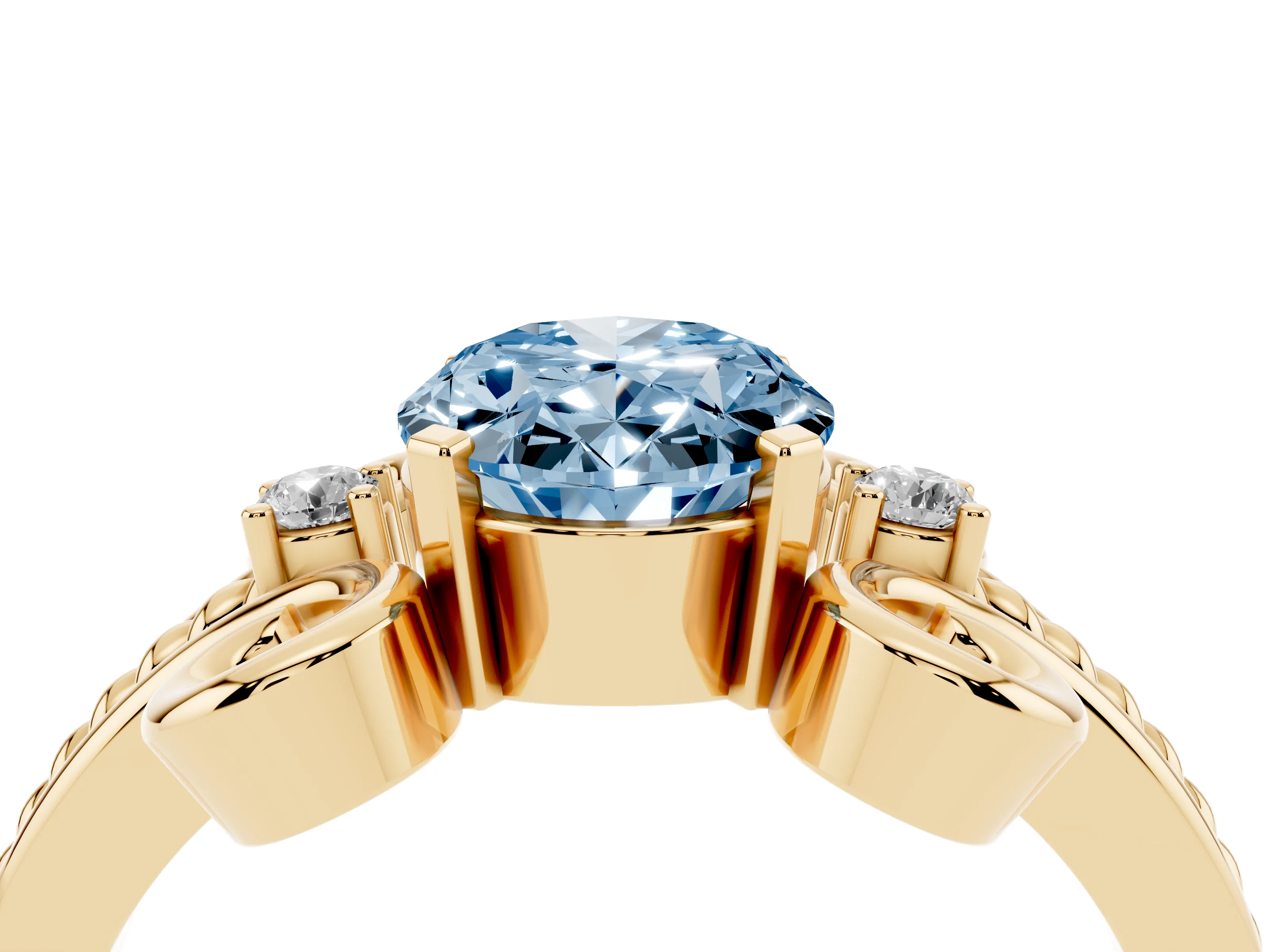Fancy Blue Oval Cut Diamond Twisted Band Solitaire Ring Set in Yellow gold with Scroll Prongs
