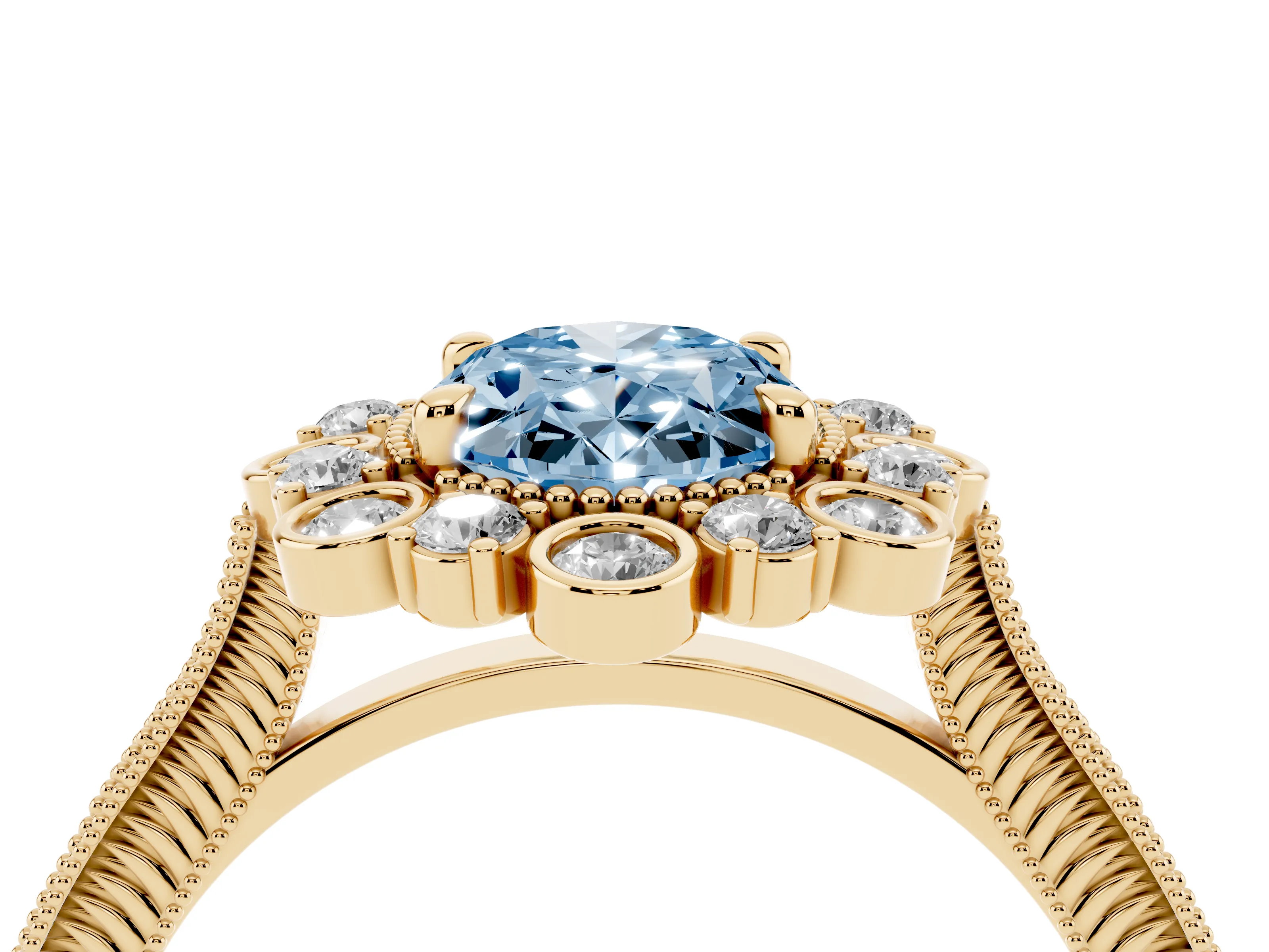 Fancy Blue Oval Cut Diamond Halo Milgrain Pavé Ring Set in Yellow gold with Prong Setting