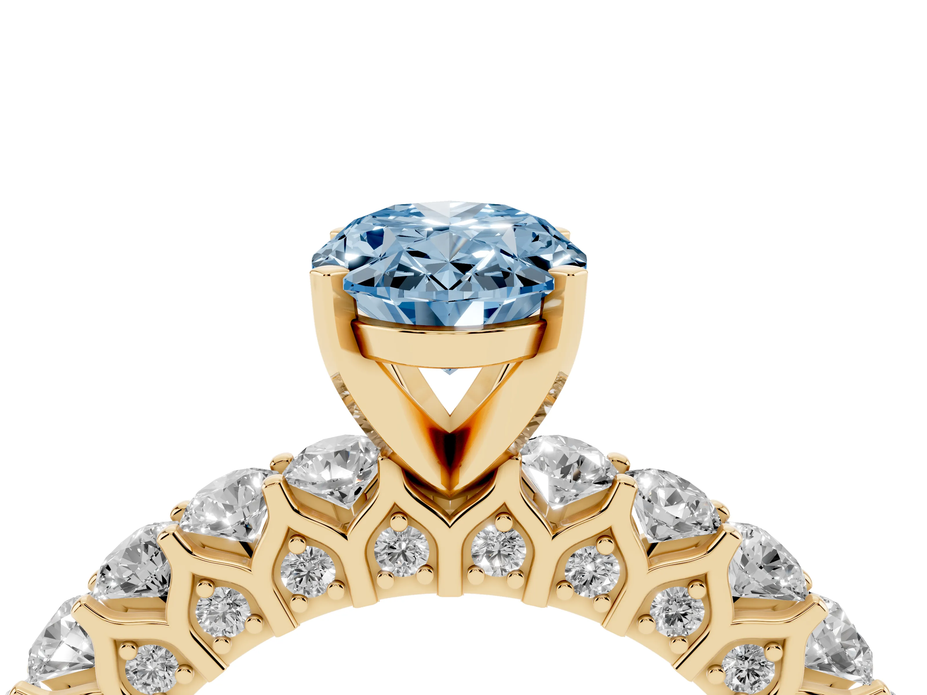 Fancy Blue Oval Cut Diamond Solitaire Ring Set in Yellow gold with Shared Prong Pavé Band