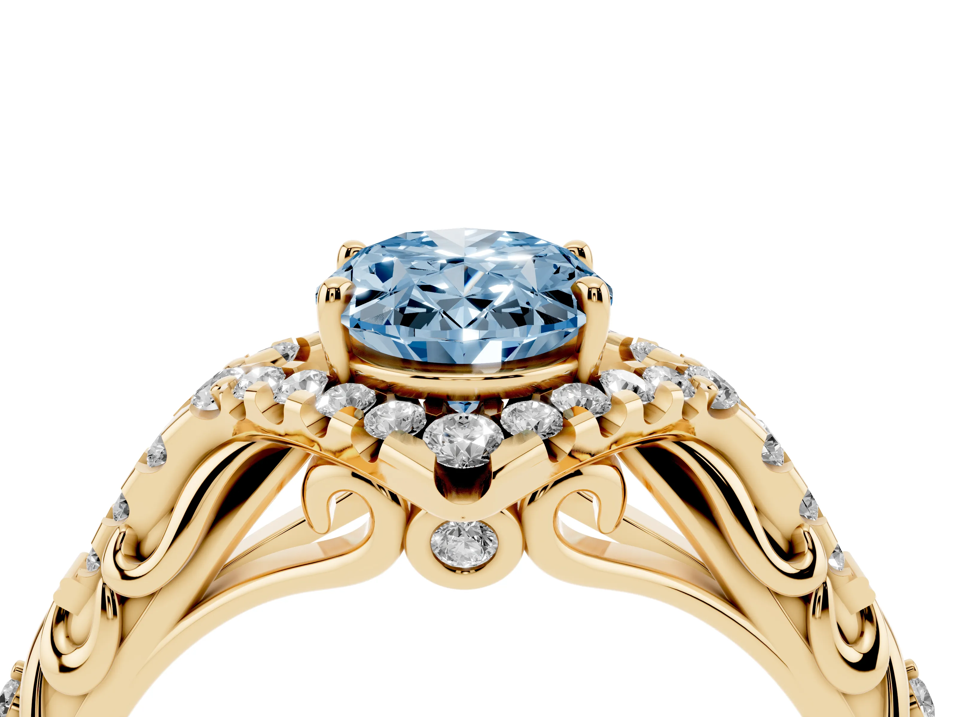Fancy Blue Oval Cut Diamond Solitaire Ring Set in Yellow gold with Hidden Halo and Pavé Band