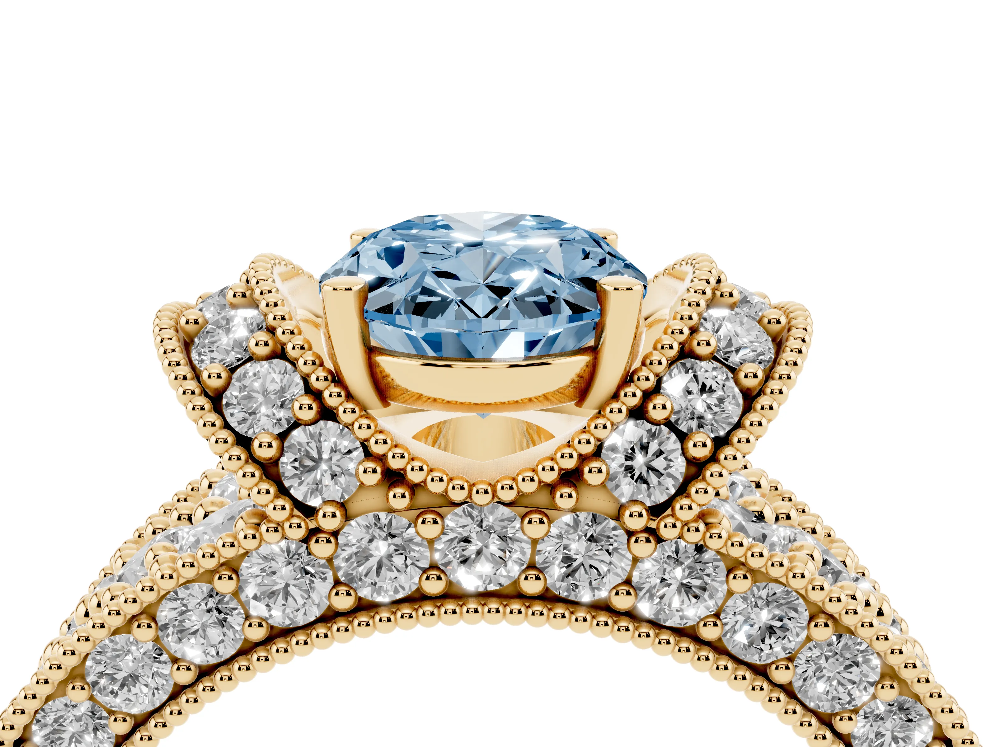 Fancy Blue Oval Cut Diamond Milgrain Halo Pavé Engagement Ring Set in Yellow gold with Prong Setting