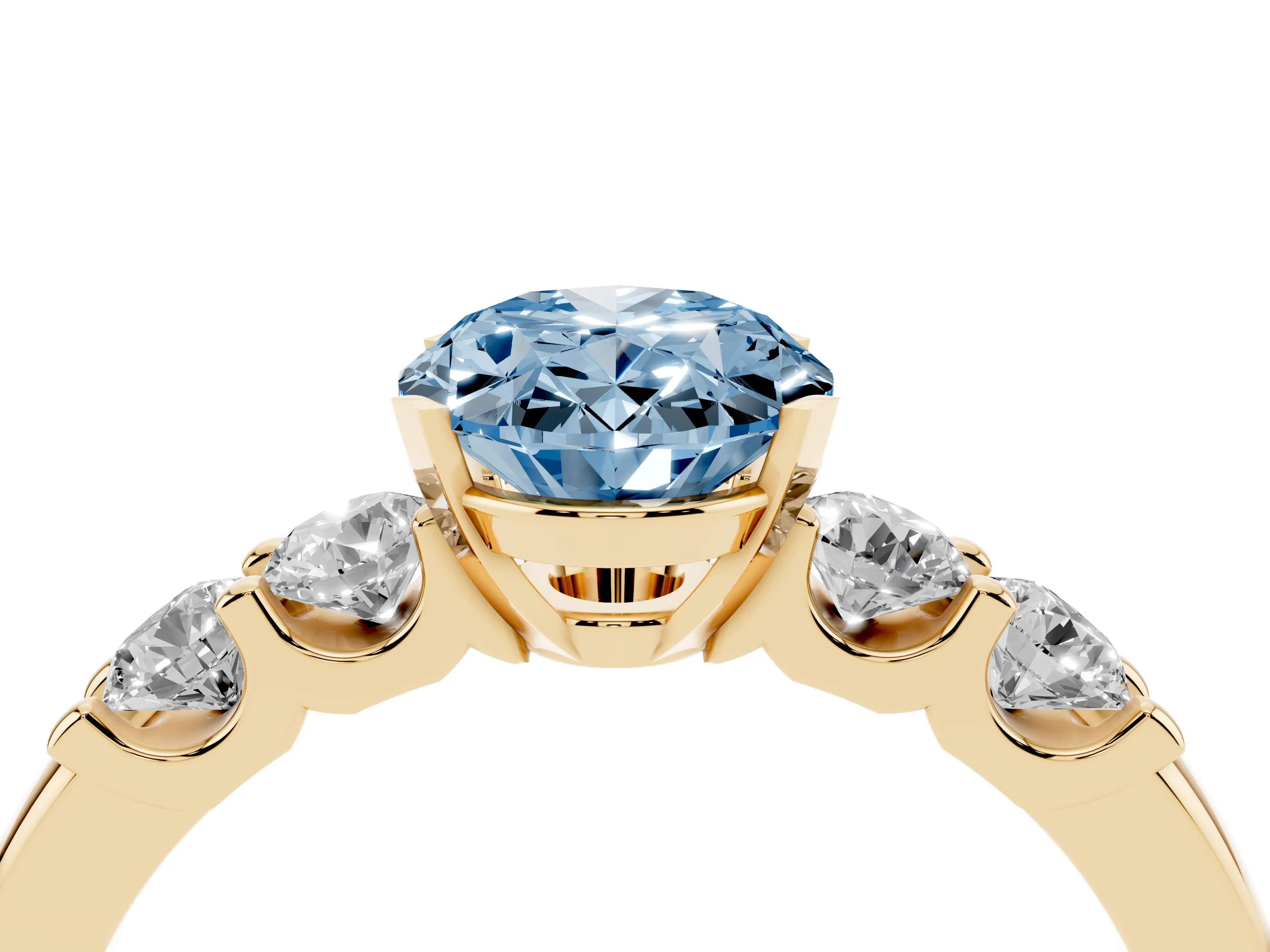 Fancy Blue Oval Cut Diamond Five-Stone Prong Set Engagement Ring Set in Yellow gold with Channel Band
