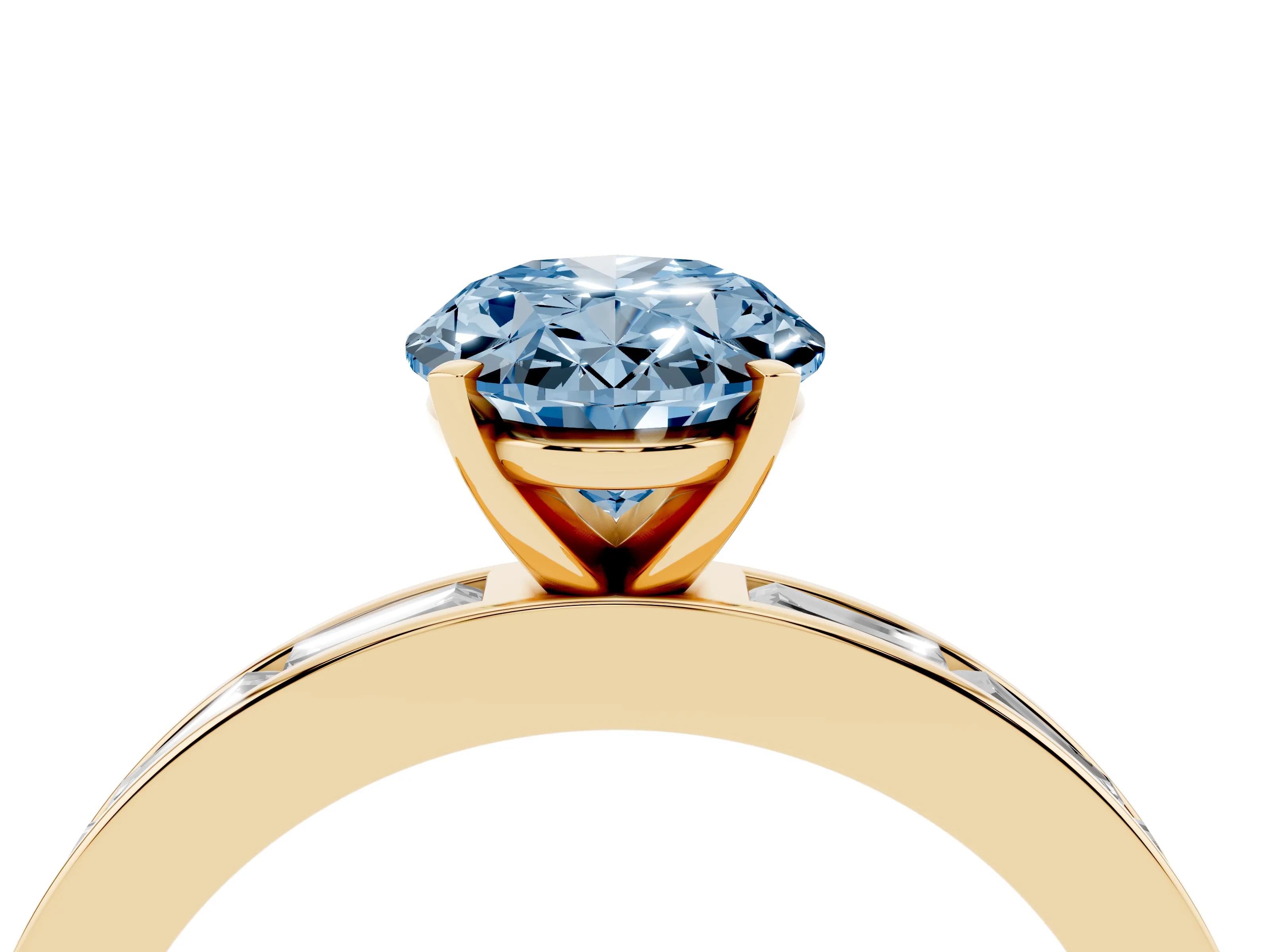 Fancy Blue Oval Cut Diamond Solitaire Ring Set in Yellow gold with Channel-Set Baguette Band and Prong Setting