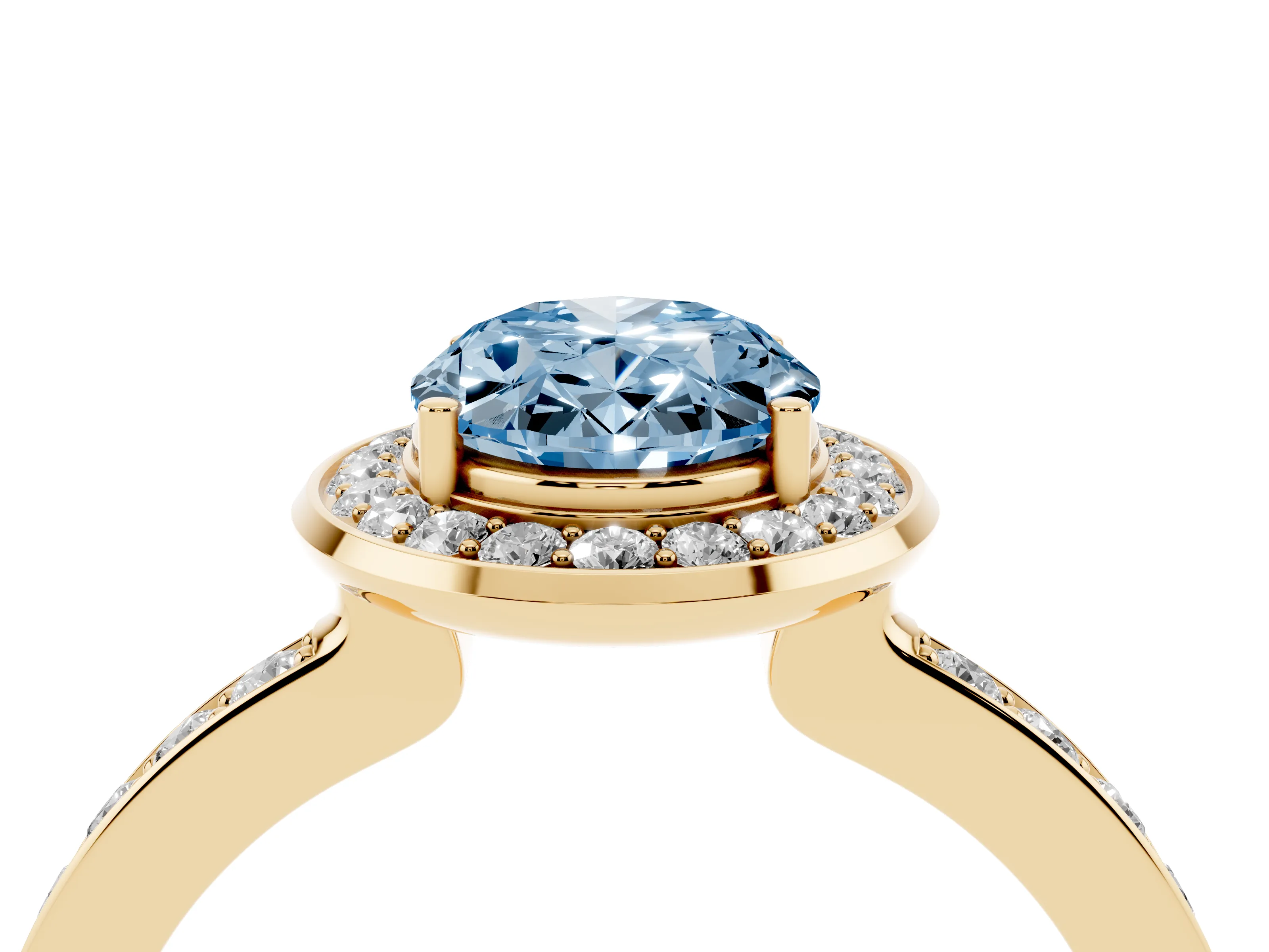 Fancy Blue Oval Cut Diamond Halo Ring Set in Yellow gold with Bezel Frame and Pavé Band