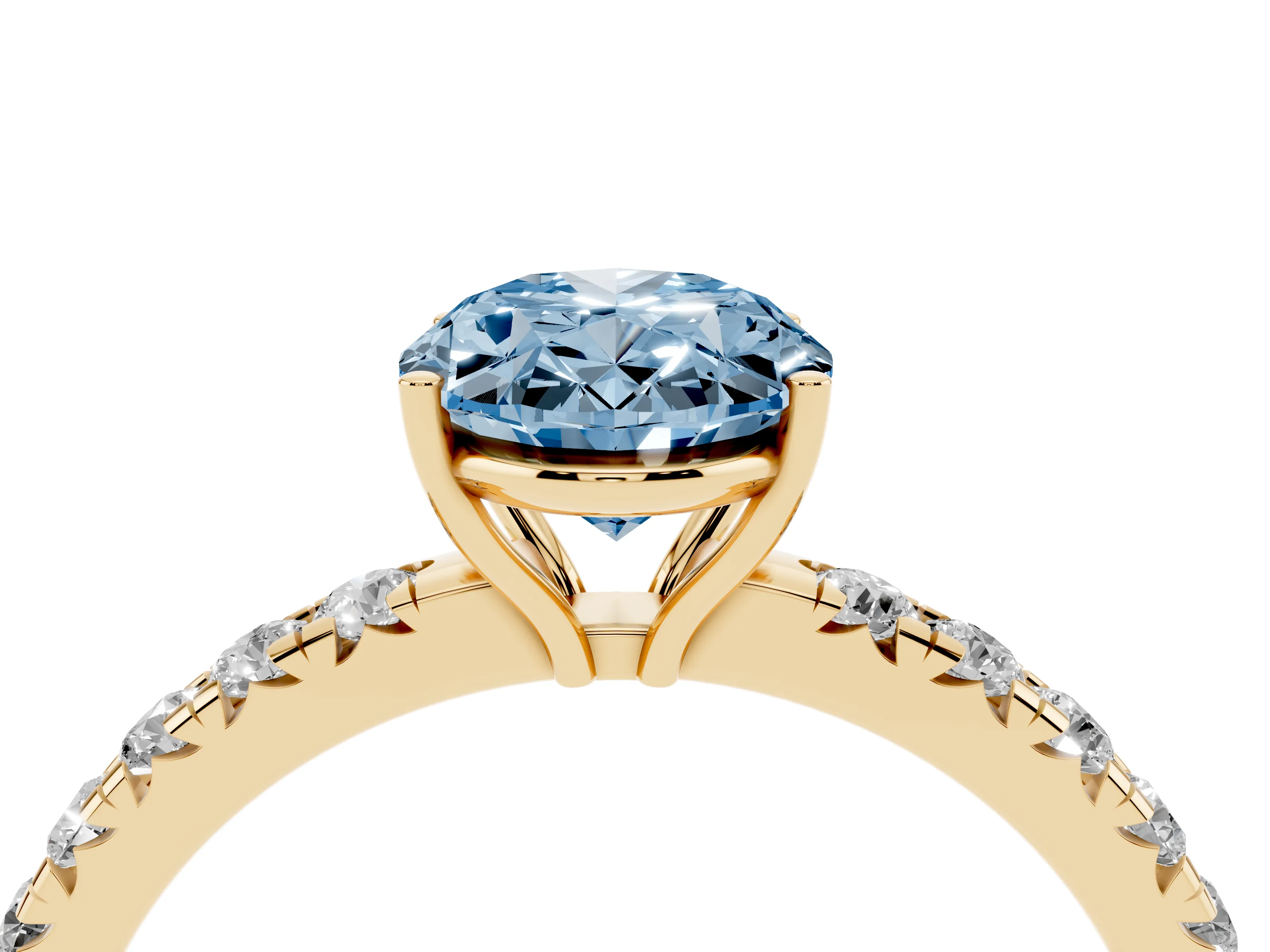 Fancy Blue Oval Cut Diamond Pavé Solitaire Engagement Ring Set in Yellow gold with Prong Setting
