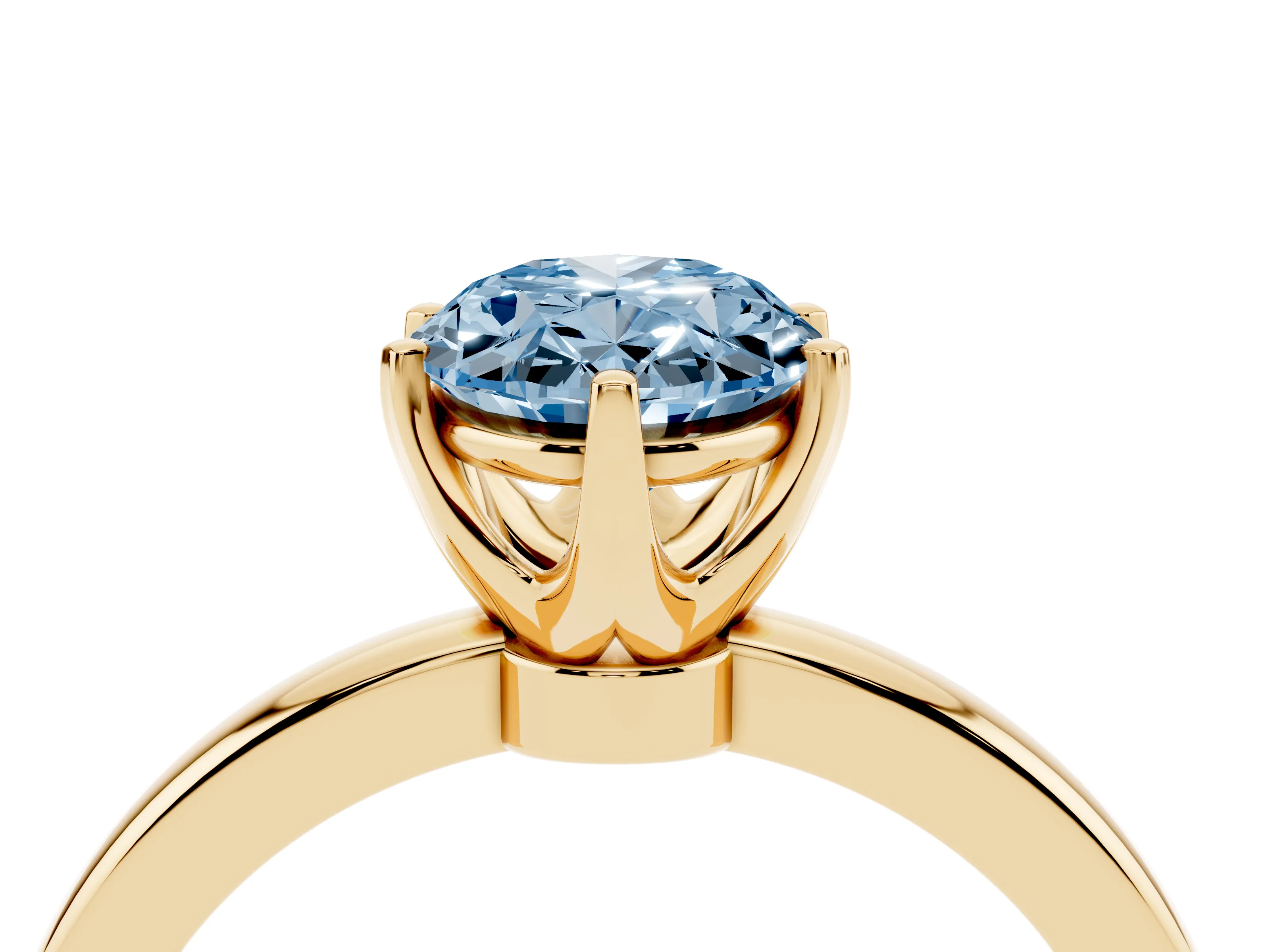 Fancy Blue Oval Cut Diamond Solitaire Ring Set in Yellow gold with Raised Prong Setting on a Classic Band