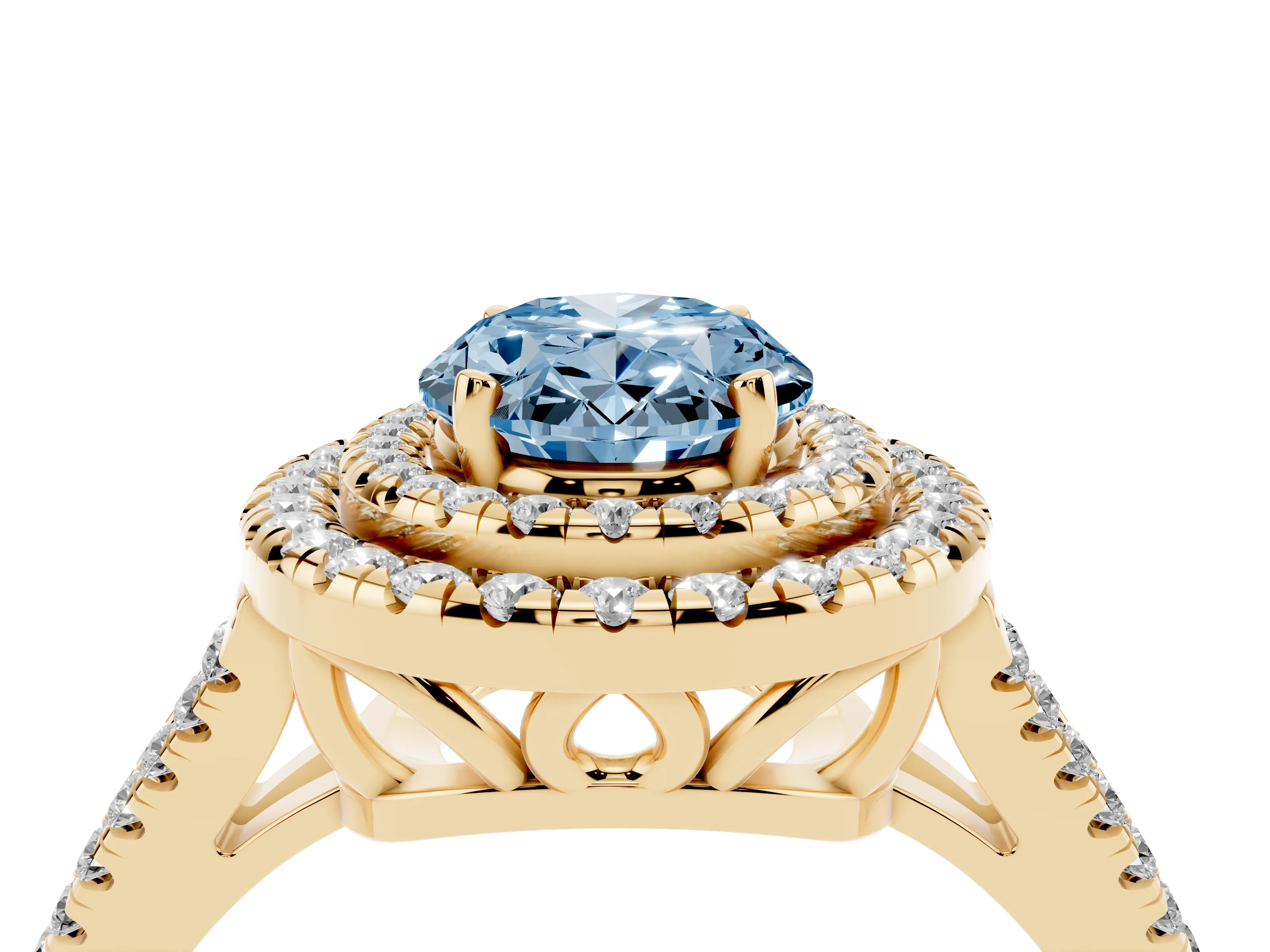 Fancy Blue Oval Cut Diamond Double Halo Ring Set in Yellow gold with Pavé Band