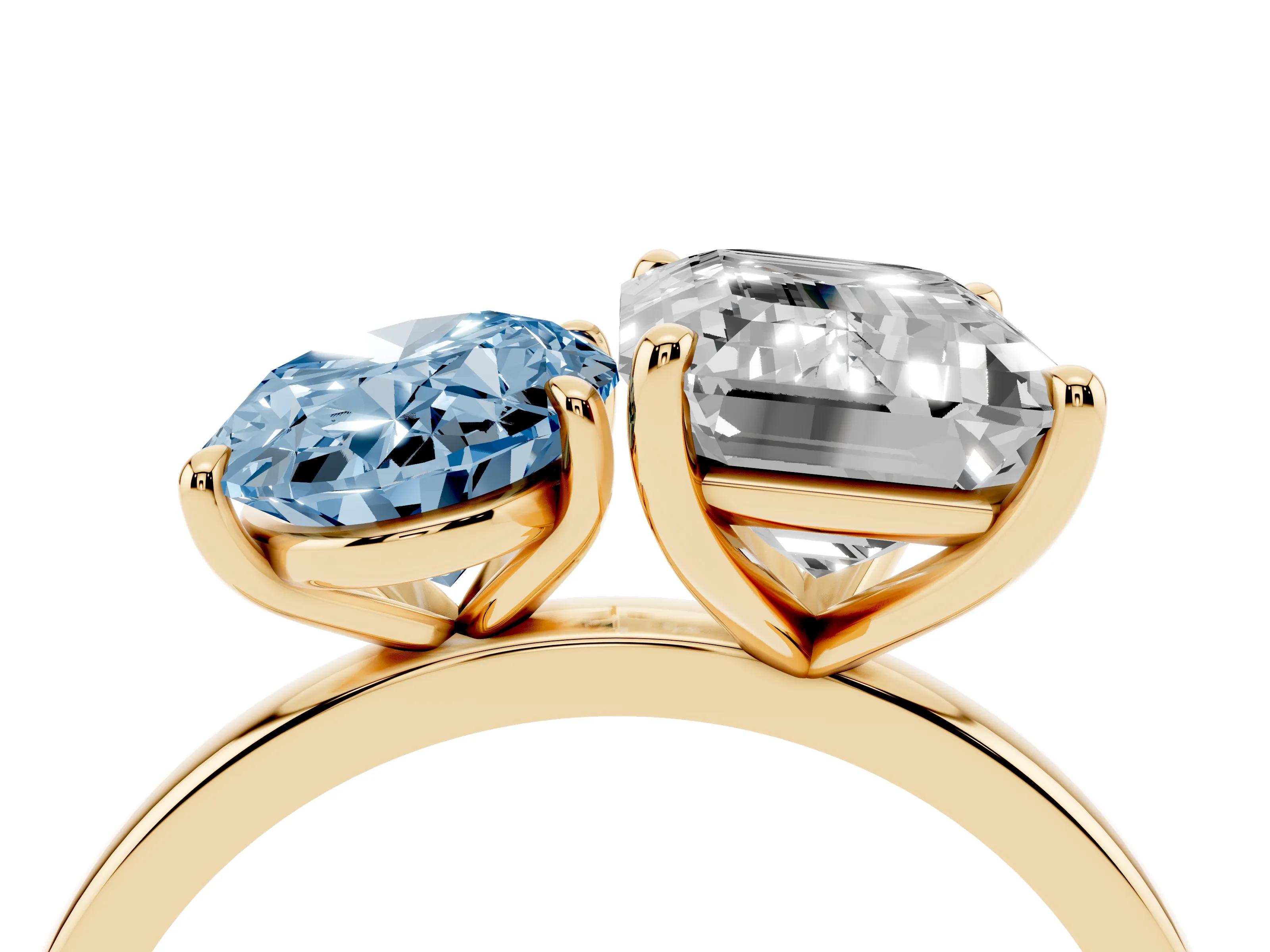 Fancy Blue Oval Cut and Emerald Cut Toi Moi Ring Set in Yellow gold with Prong Setting
