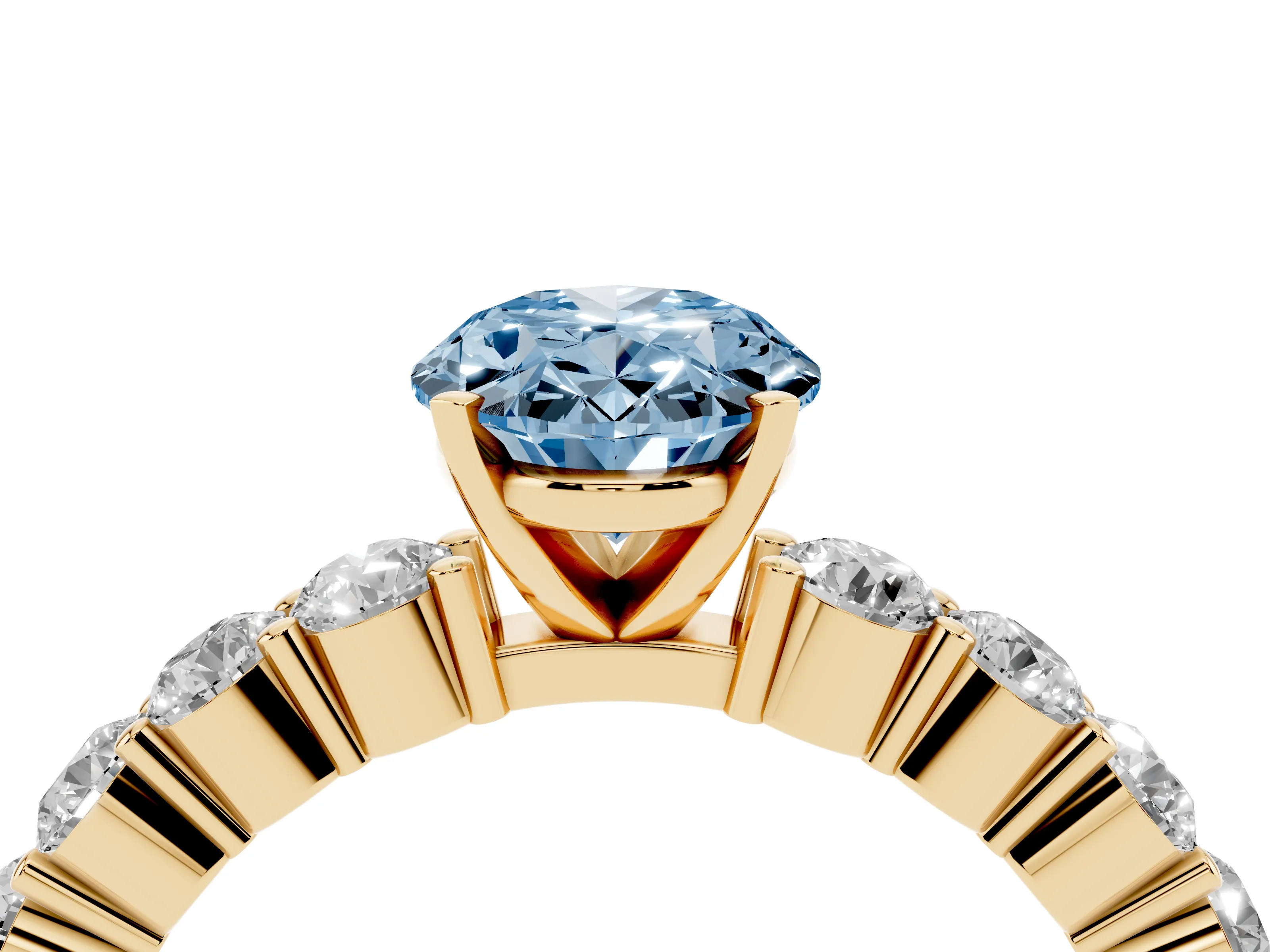 Fancy Blue Oval Cut Diamond Solitaire Ring Set in Yellow gold with Shared Prong Round Side Stones