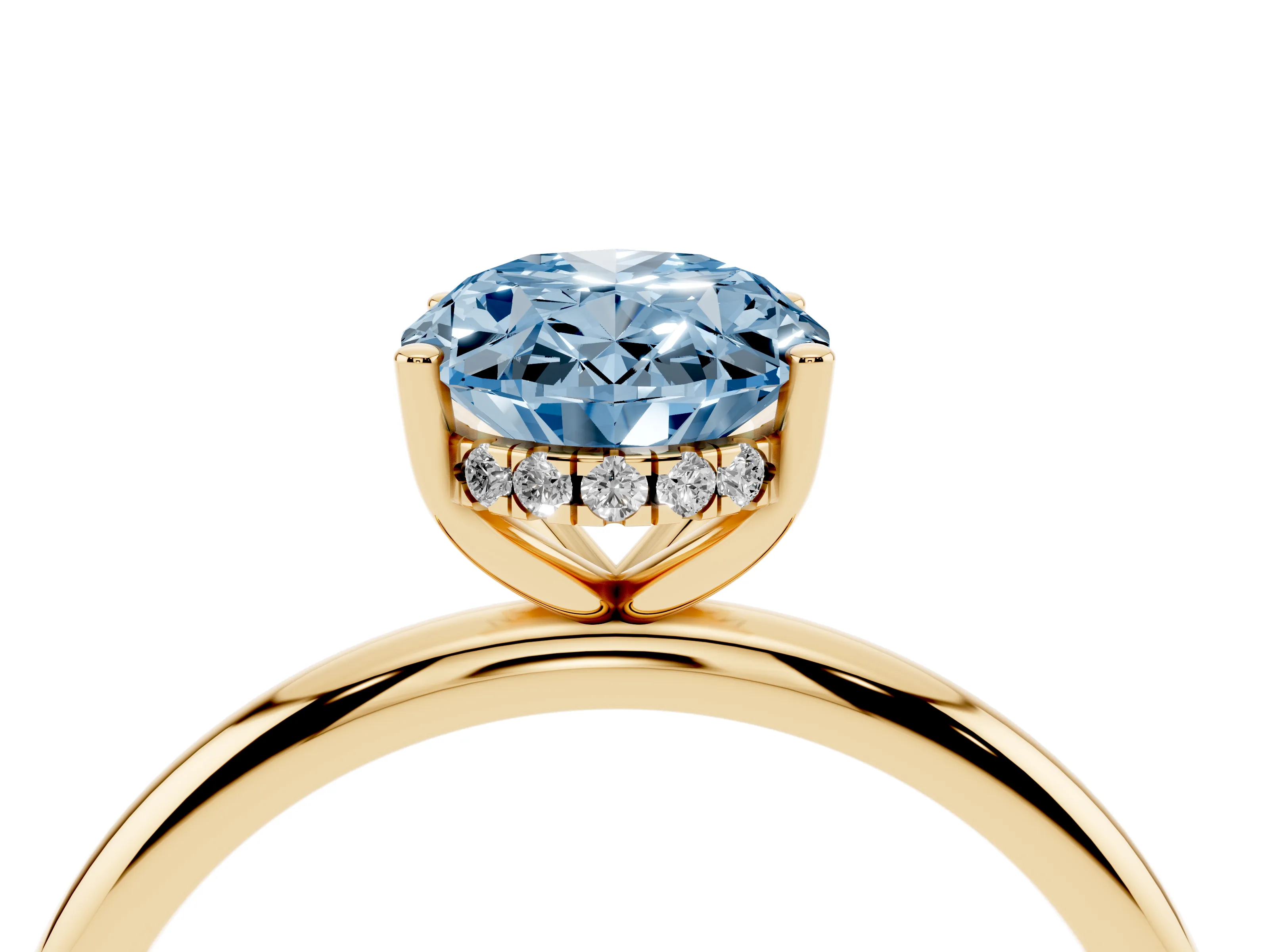 Fancy Blue Oval Cut Diamond Solitaire Engagement Ring Set in Yellow gold with Prong Setting and Polished Band
